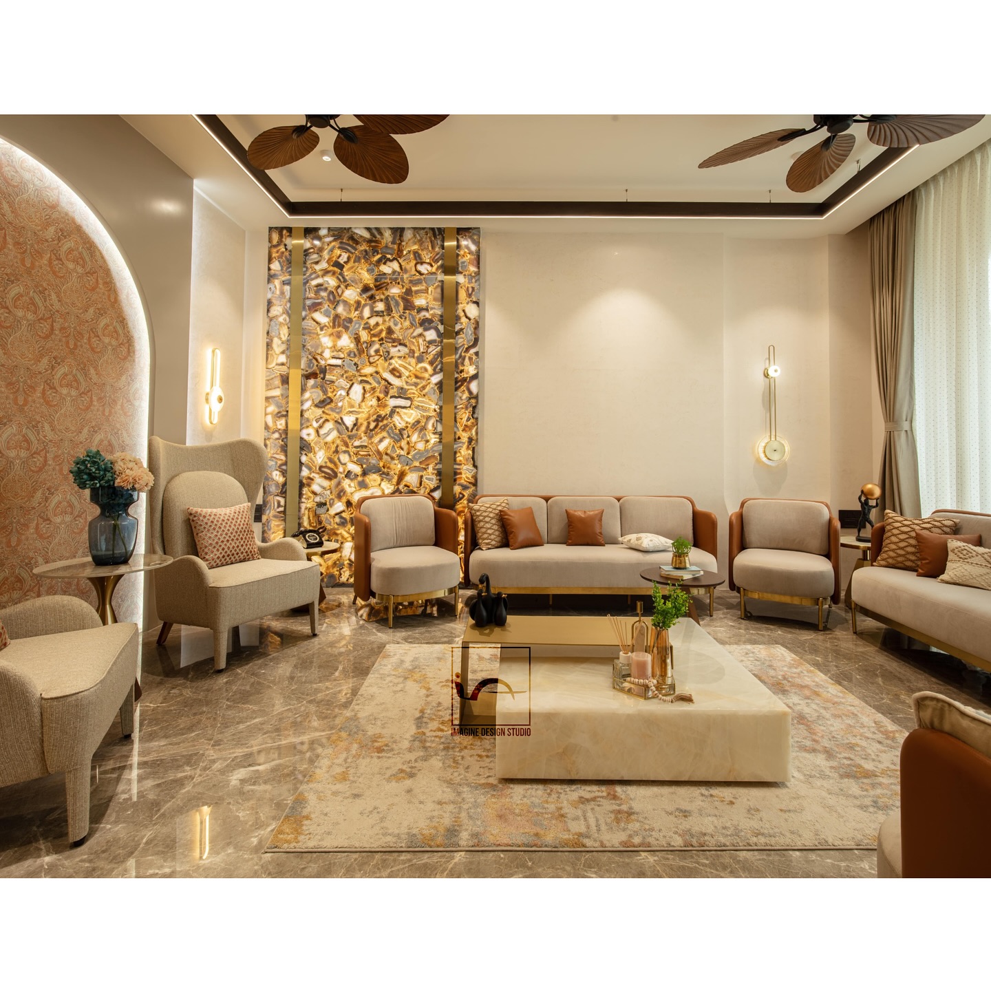 “Step into opulence: This luxurious drawing room exudes refinement and sophistication, featuring:
Beige and brown leather upholstery, inviting you to sink in and stay awhile.
Italian marble flooring, adding a touch of classic elegance
Designer partitions, cleverly defining spaces while maintaining an open flow.
A show-stopping semi-precious gemstone onyx back panel, casting a mesmerizing glow.
Every element comes together to create a haven of warmth, comfort, and luxury. Perfect for relaxing, entertaining, or simply enjoying the finer things in life.
This drawing room is emphasizing the luxurious materials, sophisticated design, and attention to detail.
Designed @imagine_design_studios @architect.ankitmittal
Design team- @ar.deepesh_sharma @chandrikamittal
Location-Dahod, Gujarat.
.
.
#LuxuryLiving #DrawingRoomGoals #InteriorDesignInspiration #ElegancePersonified #luxuryinteriors #drawingroominterior #semipreciousstone #stonepanel #onyxstone #onyxmarble #italianmarble #luxurylifestyle #luxurydecor #interiorstyling #interiordecor #indorearchitects #interiordesigner #instadaily #postoftheday #dahod #dahodcity #explorepage✨