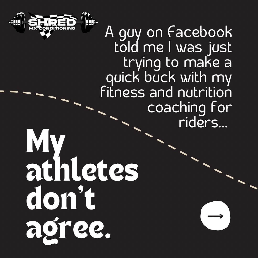 The same guy also questioned my credentials, and proceeded to tell me exactly what degree he had and who he studied under 🙃
Must be running a great business if he’s got time to worry about what I’m doing and troll my FB posts 😂😂
That stuff doesn’t bother me, as I’m always focused on improving and doing what’s best for my team. Plus I have some really great clients who remind me that I’m doing exactly what I should be 🙌🏼
#motocross #mx #dirtbikes #motolife #moto #shredmxconditioning