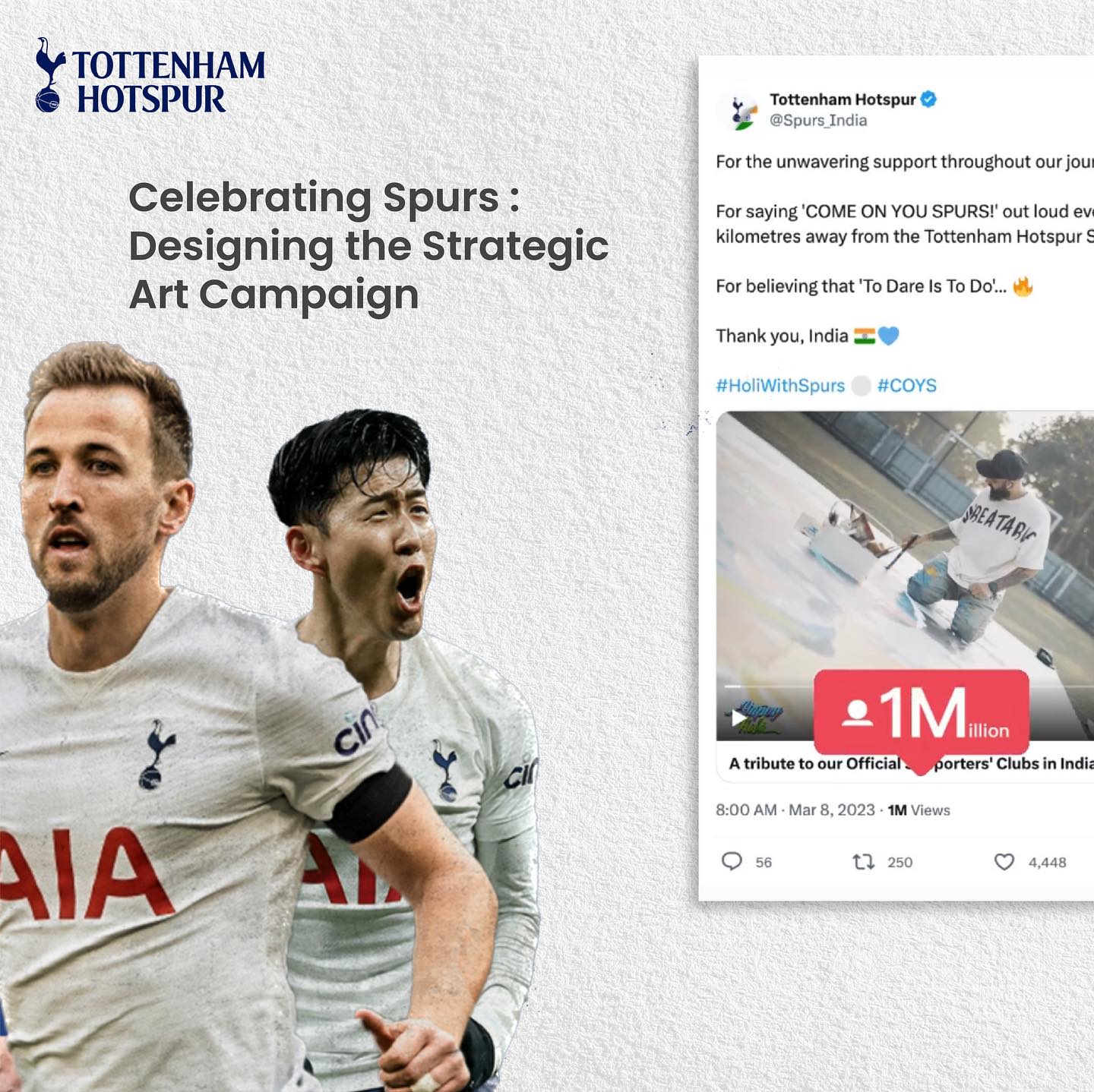 We are thrilled to have had the opportunity to work on a unique Art Campaign project for Tottenham Hotspur, one of the most celebrated football clubs in the world! Aired nationally, the vibrant Art Concept and Documentary which was released during Holi festive in India, have won over a million views on social platforms.
#TottenhamHotspur #successfulcampaigns #marketingcampaigns #artcampaign #spurs #holiartcampaign #strategicmarketing