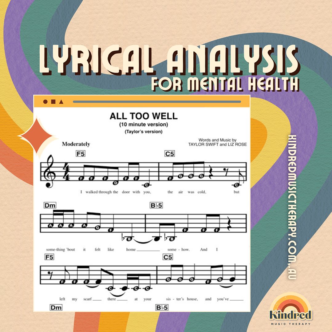 Did you know we use lyrical analysis in our music therapy sessions? Lyrics can hold so much meaning for us, and often they can resonate with some really significant feelings.
Going through lyrics slowly with a Registered Music Therapist can take pressure off communicating complex emotions, and we’re ready to hold anything that comes up in a safe and supported way 😊 In light of Mental Health Week recently, we wanted to share some of the interventions we use in sessions! #mentalhealthmusictherapy