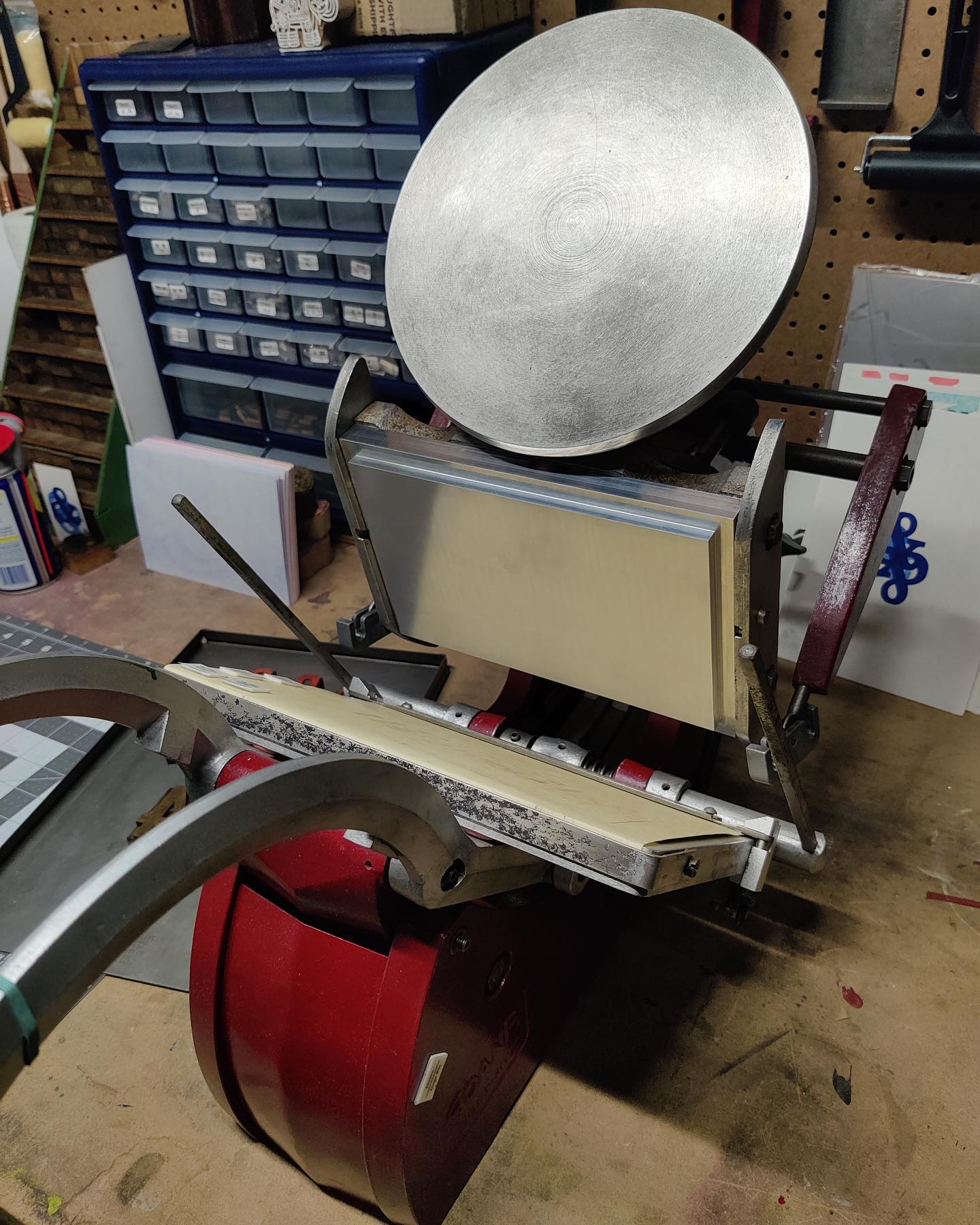 We were recently tasked with making a couple 5x8 Adana standard relief chase bases. Here is a photo of the final product on a press thanks to @alluttrell. We look forward to seeing what he prints with it! #starkpressco #pinklinepress #printnj #adana #letterpress #platenpress #chasebase #polymerplates #printmaking #printing #print #printer #preservationthroughproduction #printingpress #pressparts #woodtype #leadtype