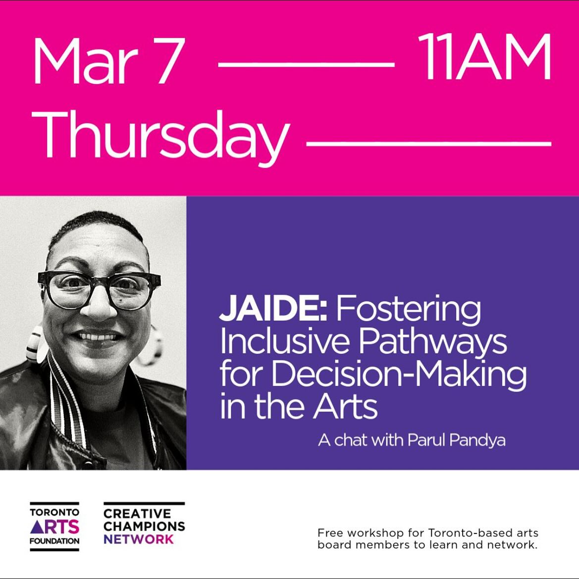 Join us for our latest Creative Champions Network (CCN) Workshop!
Justice, access, inclusion, diversity, and equity (JAIDE) in the arts isn’t just the right thing to do - it’s imperative for creating vibrant, inclusive, and impactful arts organizations. Join us as we delve into the crucial role JAIDE plays in shaping the arts landscape and how it can enrich our communities.
In this session, Parul Pandya of @communityimpactconsulting will guide us through an integrated approach to JAIDE and highlight its inherent value in informing the arts. We’ll explore how prioritizing JAIDE in governance and decision-making leads to better spaces for art-making and fosters a more equitable and diverse arts ecosystem.
📅 Date: March 7, 2024
🕒 Time: 11 a.m.
📍 Location: Online
🎟️ RSVP: https://bit.ly/3UtMc3M
Our Creative Champions Network (CCN), connects Toronto’s 2,000+ arts board members to come together, share experiences, and learn from leading experts about the art of good governance.
#JAIDEintheArts #Inclusion #Diversity #Equity #ArtisticExcellence #GoodGovernance #CreativeChampionsNetwork #TorontoArts #TorontoArtsFoundation