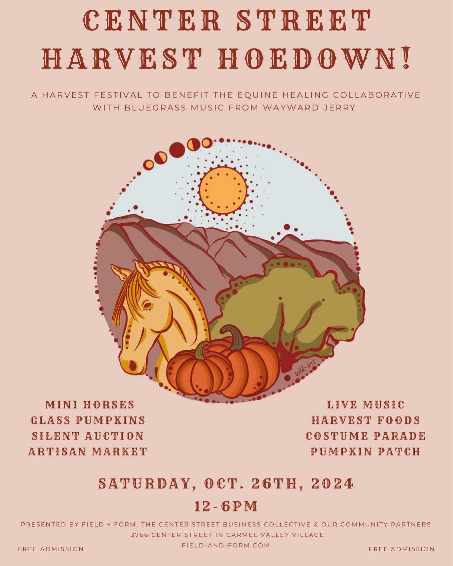 Join us on Saturday October 26th for the Center St Harvest Hoedown! We will have live music, local vendors and crafts, businesses from the Center St Collaborative, a costume parade, mini horses, and more!
This event is a benefit for the wonderful and amazing @theequinehealingcollaborative , who are raising funds to purchase the little property that they call home ❤️ If you don’t know about them yet, please head on over to their page to learn more. They are amazing.
I’m so happy that I was able to do the art for this little flyer. Custom design projects are always welcome. Send me a message to inquire.
Thank you to Daniella at @fieldandformca for putting this together for us.