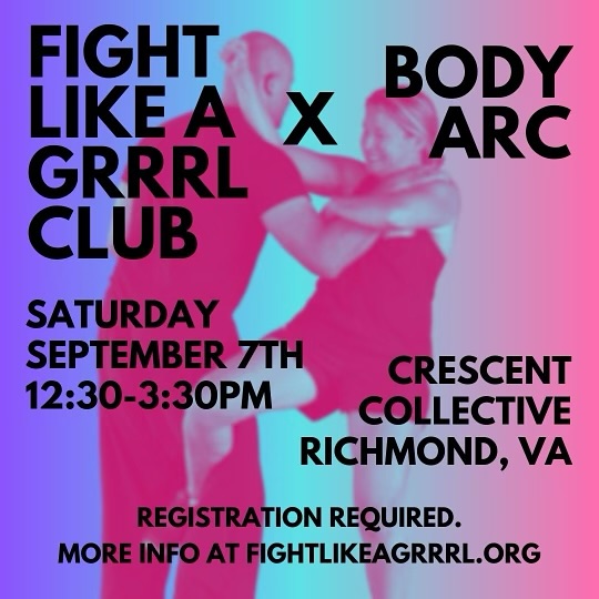 Join us for another FREE self defense workshop hosted by martial artists Sally Rose & Joshua Copson!
Learn simple, efficient, effective self-defense skills. The workshop is FREE but donations are appreciated. This is a non-discriminatory safe space where all individuals are welcome regardless of gender identity or expression, citizenship, race, sexual orientation, or age (children under 18 must be accompanied by an adult). Our mission is to teach folx how to defend themselves and walk without fear. We will also have discussions on strategies, fears, hopes and goals. The workshop focuses on self defense techniques that are simple, efficient and effective for real life situations.
Email fightlikeagrrrlclub@gmail.com with any questions or concerns!
PLEASE NOTE that this is a registration-only event and attendance is capped. Registration is linked in our bio.
Preregistrations are first come, first served. Workshops fill up quickly! By registering, you are reserving a space.
Wear comfortable clothing and bring water & snacks if needed. Come a few minutes early to sign media & release waivers.
Can’t wait to see you there! 💥💥💥