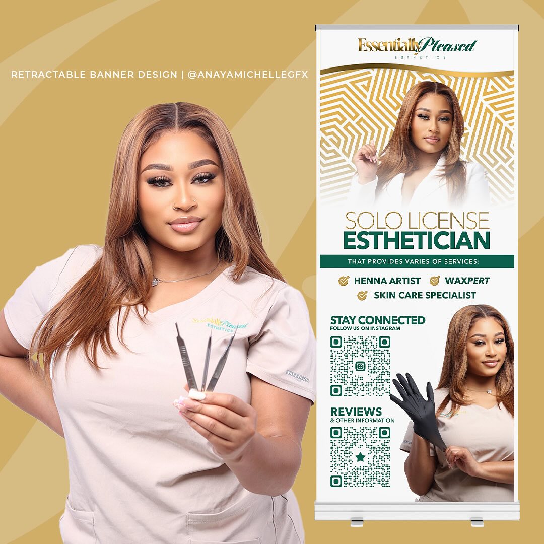 Retractable banner and text based logo designs are perfect for making a lasting impression at any event or venue ✨ Ready to elevate your brand? Visit www.anayamichelle.com
#memphis #design #adobe #contentflyer #explorepage #branddesigner #gfx #anayamichellegfx #q2branding #retractablebanner #esthetician #advertisement #femaleentreprenuer