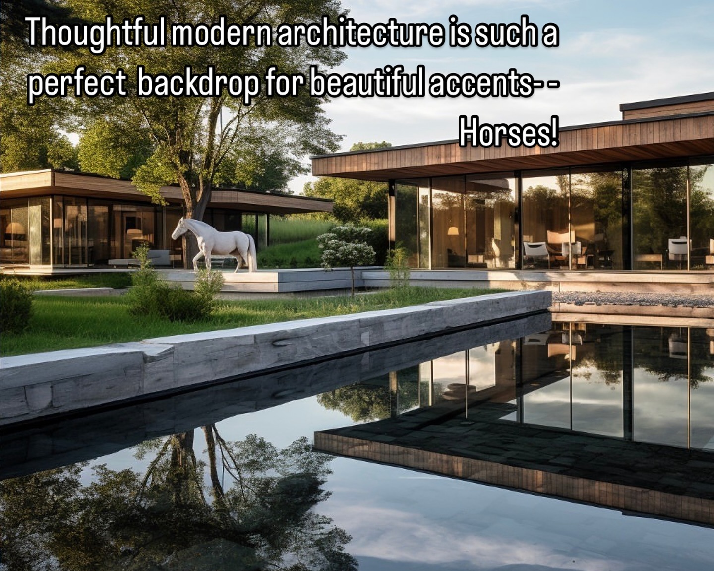 Wood, Glass & Water Feature Stable Design | In a complete 180 from the last post, here’s a clean and contemporary barn structure.
We envision this as a polo yard, for some reason. With Brazilian Ipé wood, glass, plenty of grazing space and the horse spaces directly integrated into the human living spaces, there’s something for everyone. We love the way the tack room feels like a merchandised store (we always aim for that feeling) and we have finally been able to create a very unique indoor arena.
**THESE IMAGES ARE AI**
.
.
.
.
.
#aiarchitecture #generativeart #midjourneyarchitecture #midjourneyarchitect #designmilk #dezeen #aigeneratedimages #aigeneratedart #archdaily #diseñodeinteriores #equestriandesign #equestrianstyle #equestrian #equinedesign #equestrianlifestyle #equestrianhome #equestrianluxury #tackroomgoals #contemporarydesign #equinearchitecture #equestriandecor #luxuryequestrian #modernequestrian #horsebarns #pferd #cheval #cavallo #caballo #paard #repost@equine_residences