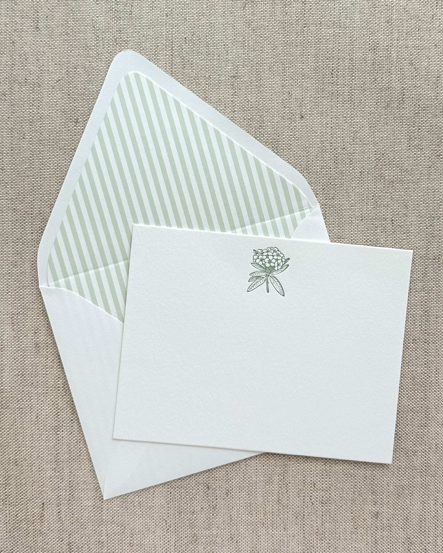 rhododendron letterpress stationery with a soft green stripe liner. another perfect set for my fellow mountain friends… very few of these available - head to my website to purchase!