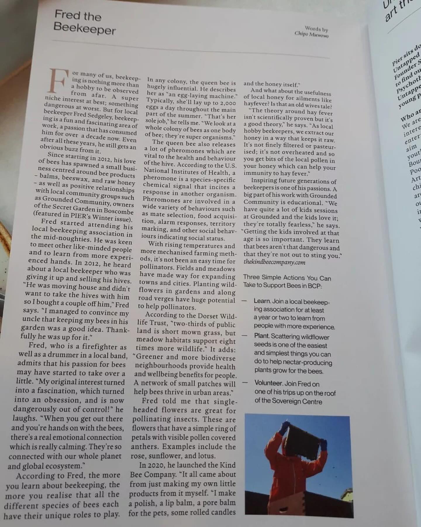 Been given a lovely feature in the latest edition of @pierjournal written by @chipomuwowo Thanks to everyone who helped put it together! Grab a copy from various independent cafes/shops across the BCP area. Enjoy! #pierjournal #bcp #bournemouth #christchurch #poole #localmagazine #beekeeperslife #beekeeping #beekeep #urbanbeekeeping #beekeeping101 #local #journal #magazine #writer #bee #keepingbees #talk #copy #honeybee #journaling