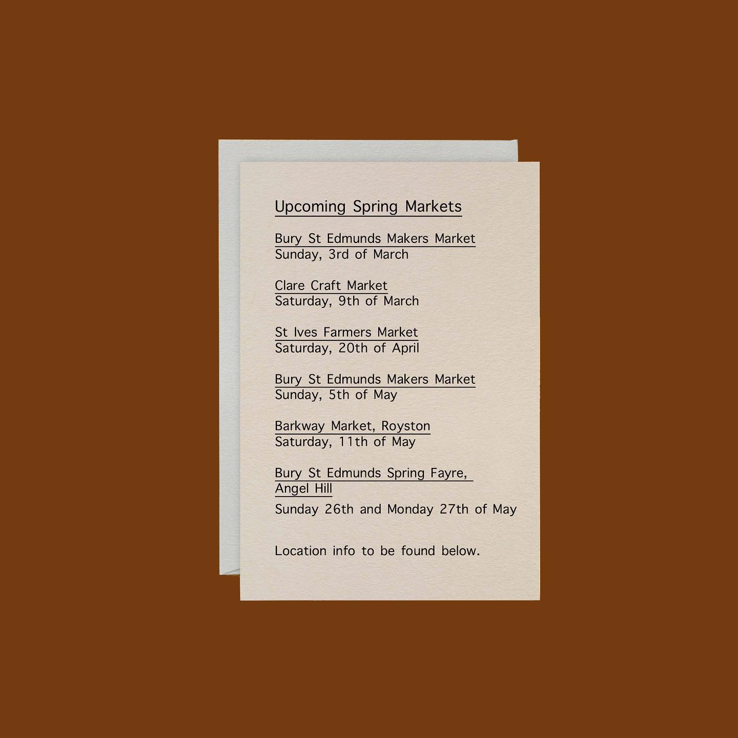Spring Market Dates 🌞
Spring is almost here at last! Thank goodness!
Come visit us at one of our markets 👩🏻🌾 Lots of new items and new cheeseboards! 🧀
See location details below:
Bury St Edmunds Makers Market
3rd of March
Buttermarket and Cornhill, Bury St Edmunds
Clare Craft Market
9th of March
Clare Town Hall, Clare, Suffolk, CO10 8NN
St Ives Farmers Market
20th of April
Marker Hill, St Ives, PE27 5AP
Barkway Market
Saturday 11th of May
Barkway Village, Royston
Bury St Edmunds Spring Fayre
26th and 27th of May
Angel Hill, Bury St Edmunds, IP33 1LU
More locations and dates to be announced for Spring, just finalising! 🍊
#foodanddrinkfestival #burystedmunds #cambridgeguide #visitcambridge #stives #stivescambridge #thingstodoincambridge #cambs #stivesfarmersmarket #barkway #barkwayvillage #clarevillage #cheeseboards #cheeseplatter