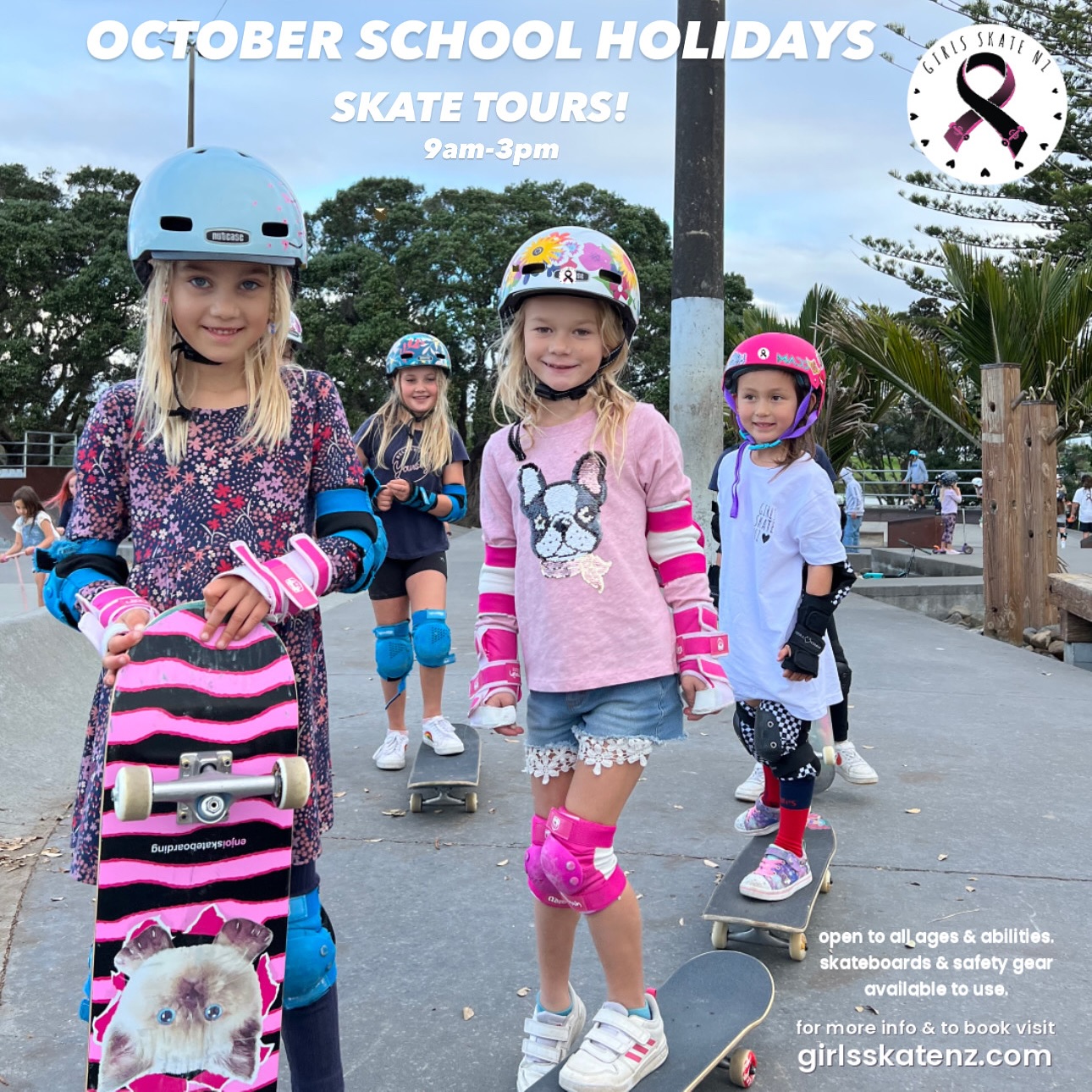 Our skate tours are now live on our website! girlsskatenz.com/schoolholidays 💌
We will be running skate tours from Monday - Friday for the first week of the school holidays! ❤️ get in quick as they tend to book out quickly!
Our skate tours are open to all ages and abilities. Drop your skaters off to us at 9am and come grab them at 3pm! We take the girls out for a full day of skating! We hit 3 different parks throughout the day, and put time aside to have lunch together at the mall!
Skate tours are a great way to make new friends, learn new tricks and hang out with other skaters visiting some of Auckland’s various parks! 🛹
More info and to book is on our website! Feel free to email us girlsskatenz@gmail.com if you have any questions 💌🤘