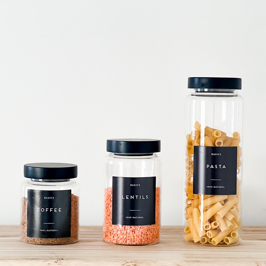 New pantry jars with black wateeproof labels