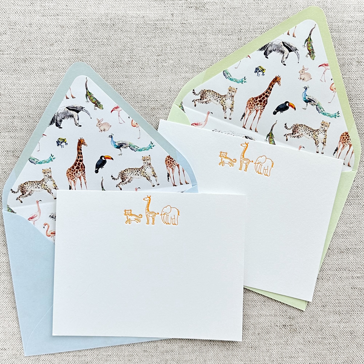 a fun, colorful set for kiddos with mixed blue and green envelopes. only one left on my website! 🐅🦒🐘