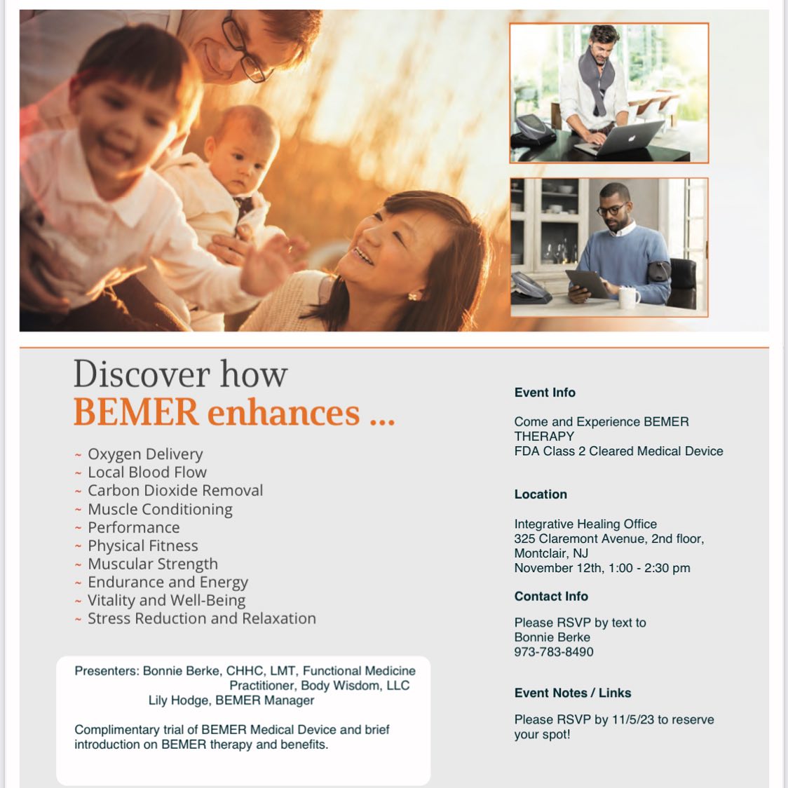 Save the date! November 12th 1-2:30 in Montclair @integrativehealingmontclair
Come and experience Bemer Therapy. Please RSVP by Nov. 5th to reserve your spot.
All info above!