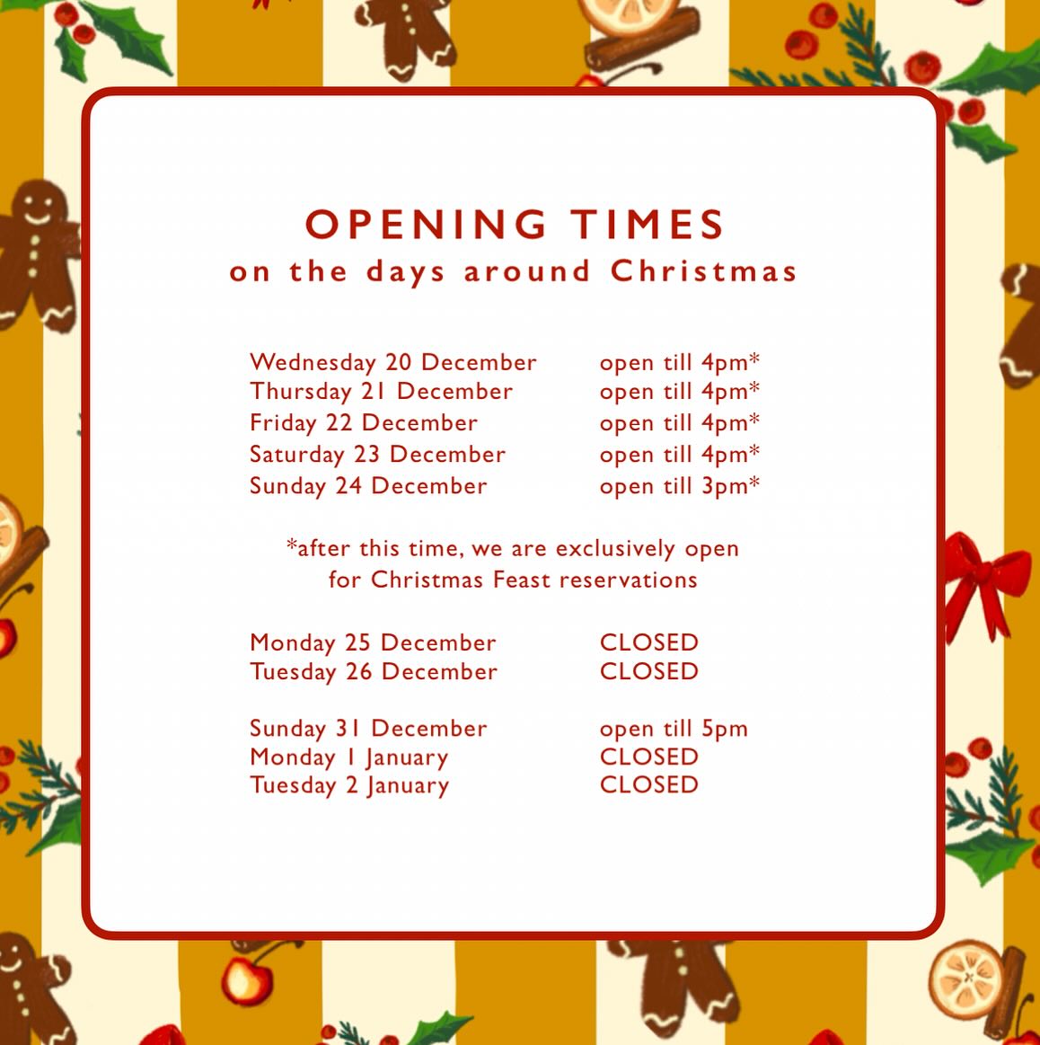 Here’s our Christmas planning to print out and hang on your fridge 😉
Our Deli is open as usual and we’re trying to keep the shelves full of home made goodies 😅
