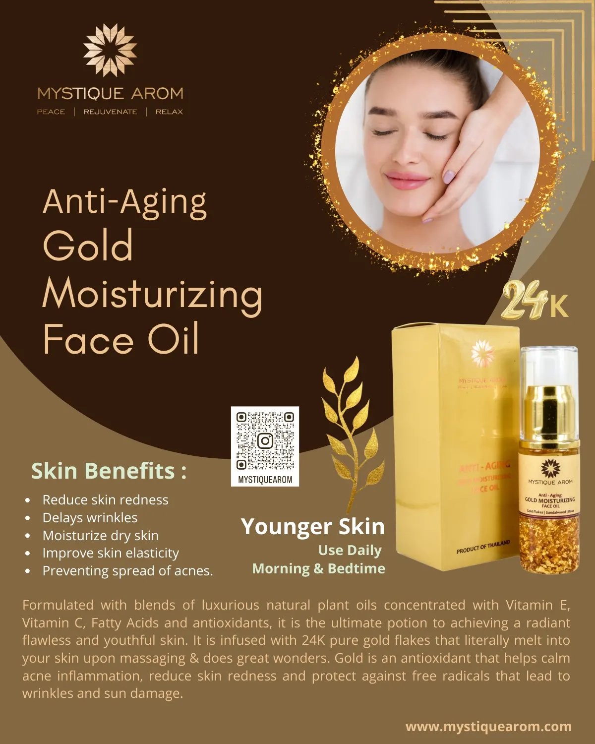 Anti-aging Gold Moisturizing Face Oil
แอนตี้เอจิ้ง โกลด์ มอยซเจอไรซิ่ง เฟซ ออย
ช่วยเพิ่มประโยชน์ให้ผิวมากมาย ผสมผสานด้วยน้ำมันธรรมชาติที่เข้มข้