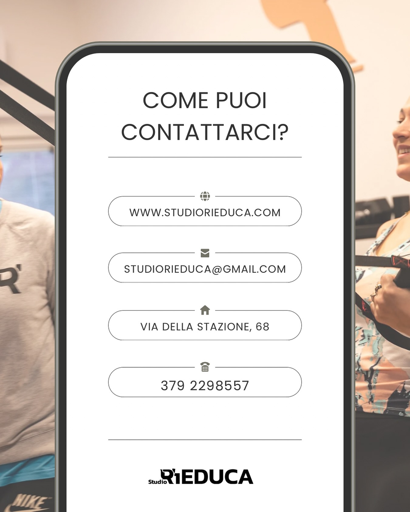โ
Siamo sempre a disposizione per fissare un appuntamento o semplicemente per rispondere alle vostre domande e curiositร !
Puoi contattarci attraverso tutti i nostri canali:
๐ 3792298557
โ๏ธ studiorieduca@gmail.com
๐ฉ๐ปโ๐ป www.studiorieduca.com
๐Su appuntamento dal lunedรฌ al venerdรฌ in Via della Stazione, 68 a Urbino
๐ฑPuoi anche contattarci sulle nostre pagine Facebook e Instagram
๐๐ป Continua a seguirci per non perdere tutte le novitร RiEDUCA!
#palestra #urbino #rieducazione #chinesiologia #osteopatia #massofisioterapia #movimento #salute #benessere #marche #gym