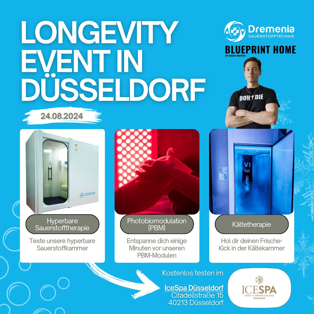 Liebe Community,
Wir freuen uns, unser nächstes Event ankündigen zu können! 🎉
Tauchen Sie mit uns in die innovative Welt der Selbstoptimierungstechnologie ein und erleben Sie hautnah:
✨ Event-Highlights:
Hyperbare Sauerstofftherapie (HBO)
Photobiomodulation (PBM)
Kältetherapie
Sie haben die Gelegenheit, alle Anwendungen selbst auszuprobieren!
Unsere Hauptrednerin Franziska Frank, Mediziningenieurin und Gründerin von @rewire_medtech , wird ihr Fachwissen zu verschiedenen Anti-Aging-Technologien mit Ihnen teilen.
📍 Eventort: ICESPA Düsseldorf
🎒 Mitzubringen: Aufgeschlossenheit und Diskussionsbereitschaft.
📅 Ablauf:
Begrüßung & Einführung (15 Min)
Vortragssitzung (~1 Std) mit Franziska Frank
Ausprobieren der Langlebigkeitsgeräte
Networking (30 Min)
Diese Veranstaltung ist kostenlos für unsere Community!
Interesse geweckt? Weitere Infos zum Event und der Anmeldung finden Sie unter dem Link in unserer Bio!
Wir freuen uns auf euch! 🤩
#longevity #biohacking #regeneration #hyperbaresauerstofftherapie #dremenia
