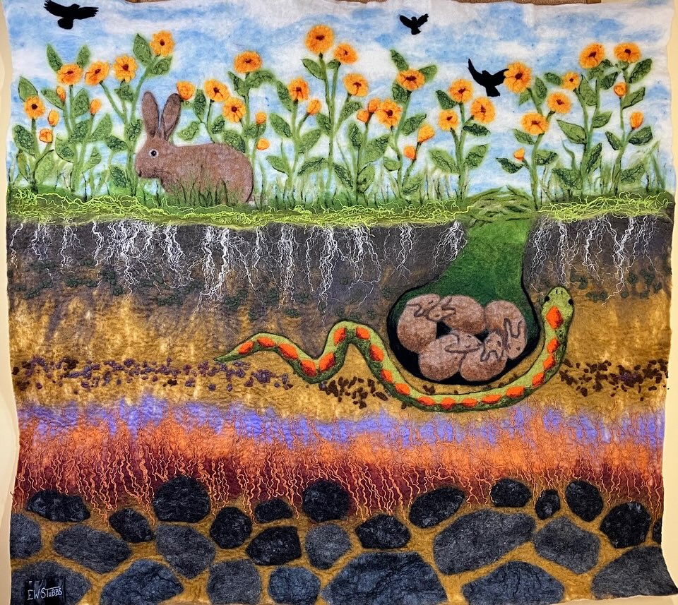Next in our members spotlight of Elizabeth Stubbs is this piece called “Allegory: The Garden of Good and Evil”. 33”x37”. Wet felted, needle felted and stitched. Various wool fibers, flax, cotton, viscose. #wetfelting #wetfelted