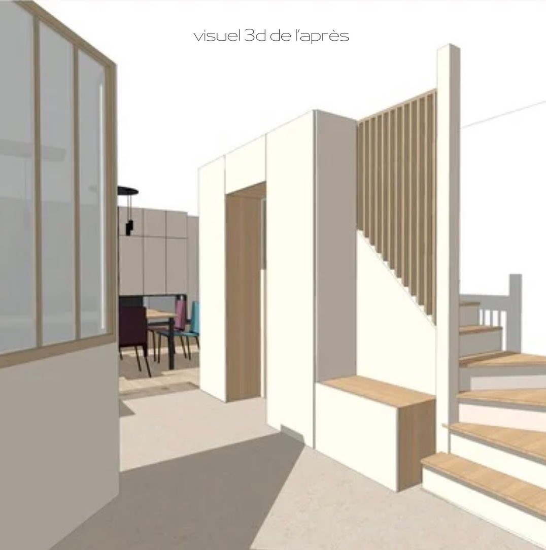 • Projet Écureuils • L’Entrée après et avant
🏠 Vous avez des difficultés à vous projeter avec un plan? Je réalise pour vous les 3d qui vous permettront de visualiser de façon quasi réaliste le rendu final.
Pour ce projet, mes clients souhaitaient définir une véritable zone d’entrée, qu’ils n’ont pas actuellement, tout en gardant la luminosité apportée par la fenêtre située dans la cuisine attenante.
➡️ Je leur ai proposé de réaliser des agencements où ils pourraient ranger leurs manteaux, en incluant une banquette dans laquelle quelques chaussures trouveraient facilement leur place.
➡️ J’ai préconisé de repeindre les contremarches de l’escalier en bois bien trop présent et de remplacer la rambarde par quelque chose de plus actuel.
➡️ Et pour délimiter clairement cet espace de la cuisine, tout en gardant la luminosité actuelle, une verrière jouera le rôle de séparation mais sans isoler.
Voici le visuel 3d que j’ai réalisé: une ambiance claire dans une tonalité de crème qui se marie parfaitement avec le chêne.
Accompagné du moodboard pour qu’ils se projettent au mieux.
Alors n’hésitez pas à prendre contact avec moi:
👉🏻 contact@lateliervm.fr
🙏🏼 ou à liker ce post 😉
#ploemeur
#lorient
#larmorplage
#guidel
#decorationinterieur
#decoration
#architectureinterieure
#entrée