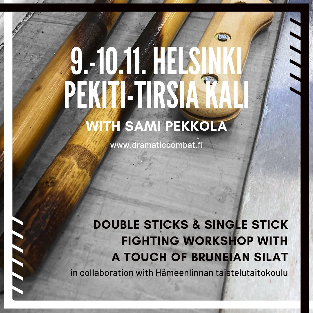 Join us for an exciting open workshop with Sami Pekkola and Oula Kitti on the 9th and 10th of November.
In this workshop Sami will be teaching double sticks and single stick fighting moves and sequences, perfect for fight choreography purposes. Additionally, there will be a touch of Bruneian silat to enhance your skills. This event is ideal for enthusiast willing to try out some new styles of fighting, professional performers, and anyone looking to expand their combat repertoire!
We are thrilled to welcome back Sami Pekkola, a Finnish martial artist with over 25 years of experience, specializing in Pekiti-Tirsia Kali, a highly effective system of Filipino martial arts. Oula Kitti is one of the founders of Dramatic Combat Finland, NSFS Stage Combat Instructor, Fight Director, Stunt Coordinator and Actor, with a wide history in physical theatre. Don’t miss this opportunity to learn from one of the best in the field!
Read more and register on our website.
#specialworkshop #filipino_martial_arts #kali #stagecombat #stagecombattraining #combattraining #specialskills #stickfighting #bruneiansilat #silat
@hameenlinnantaistelutaitokoulu
@nordicstagefight
@dramaticcombatfinland