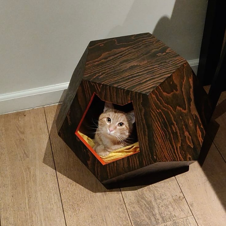 > Happy Customers!
Look at how happy ‘Gaspard’ is when he conquered the best place in the house, inside the bespoke dodocahedron catshelter that I made for him! He’s a rescue and needed a special safe spot in the house, so I’m delighted he found it in my catshelter.
Is’t he cute?
#woodworking #catsofa #bespoke #woodflame #catluxury #recycle #catshelter #cat #eco #pine #catsofinstagram #craftmanship #design #purr #catlovers #gato #fibonacci #chat #luxurycat #feline #dodecahedron #interieur #chill #catfurniture