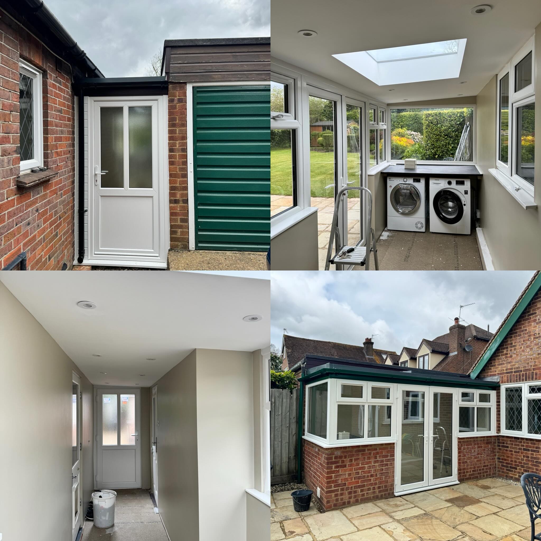 Recently completed out building that connects the house to the garage which is used as an office.
Demolished down to bare walls we started by installing all new windows, doors and flat roof with flat glass skylight. This was followed by all new Eletrical then plastering. The customer is having the new floor installed this week and the customer is very happy with the results 😍