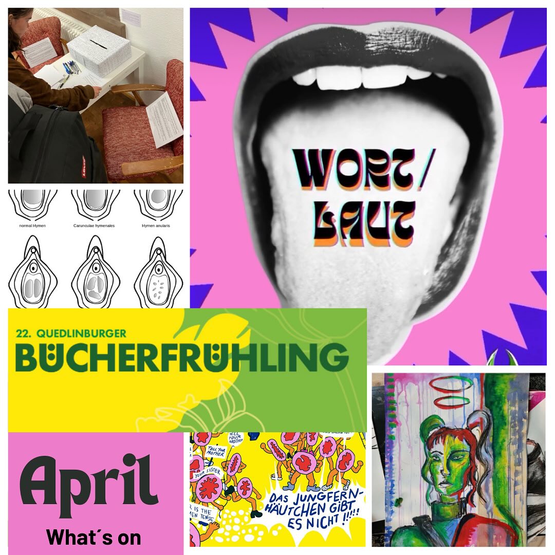 𝓐𝓷𝓴ü𝓷𝓭𝓲𝓰𝓾𝓷𝓰𝓮𝓷 𝓯ü𝓻 𝓐𝓹𝓻𝓲𝓵
F͇r͇e͇i͇b͇u͇r͇g͇
Bis 12.04. könnt ihr an meinem literary research Projekt Córkowość im Kulturaggregat @kulturaggregat teilnehmen und euch weitere tolle Flinta*Kunst von @hujimaja Künstler*innen anschauen.
Am Freitag 12.04. gibt es von Sophie Wohlgemuth @mumukry und mir einen Nachmittag + Abend mit Performance, Lesung, Teig & Text @hujimaja
(Eintritt frei ab 14 Uhr & mehr Infos dazu folgen noch!)
Dieses Jahr findet auch wieder mein Atelier
𝓦𝓸𝓻𝓽 / 𝓛𝓪𝓾𝓽 im Rahmen des Kunstparcours @kunstparkour_freiburg @kubusdrei statt.
Ihr könnt euch ab sofort anmelden 💜 Link in Bio! Wir sehen uns dann jeden Donnerstagabend von 19 – 21 Uhr und schreiben & lesen zusammen.
Am Sa 13. & So 14.04. bieten @lindadirksmeyer und ich den Workshop ᴋöʀᴘᴇʀ & ɪᴄʜ ɪɴ sᴄʜʀɪғᴛ ᴜɴᴅ sᴛʀɪᴄʜ an. Wir zeichnen, malen, schreiben und lesen zusammen. Für Flinta*-Mäuse zwischen 14-27. Mehr Infos: @tritta_e.v @artikfreiburg
͇q͇u͇e͇d͇l͇i͇n͇burg
Am 19.04. lese ich im Rahmen des Bücherfrühlings nördlich des Harzes. Mein erstes Mal Quedlinburg, ich freue mich! Danke Ansi @an__selm & Jenny @jenniferandthefulltones für die Einladung & Orga – best feminist dream-team! 👏🧚🏼♀️
b͇e͇r͇l͇i͇n͇
Am Montag, 22.04. halte ich um 19 Uhr einen Vortrag in der Charité @orcha_2023 @chariteberlin
Es geht wie immer um die Mythen rund um Vulva, Vagina, sexistischen und patriarchalen Sprachgebrauch, was Medizinstudies nicht lernen und queer*feministische Alternativen dazu!
💥💥💥💥💥💪💪💪💪💪 #dasjungfernhäutchengibtesnicht
Wie immer Links zu mehr Infos und Anmeldung etc. -> Linktree und bei den Veranstalter*innen.
Sharing is caring!
Wir sehen uns 😊 #lesung #vortrag #ausstellung #finissage #quedlinburg #bücherfrühling #berlin #kritmedis #schreibatelier #wortlaut #april