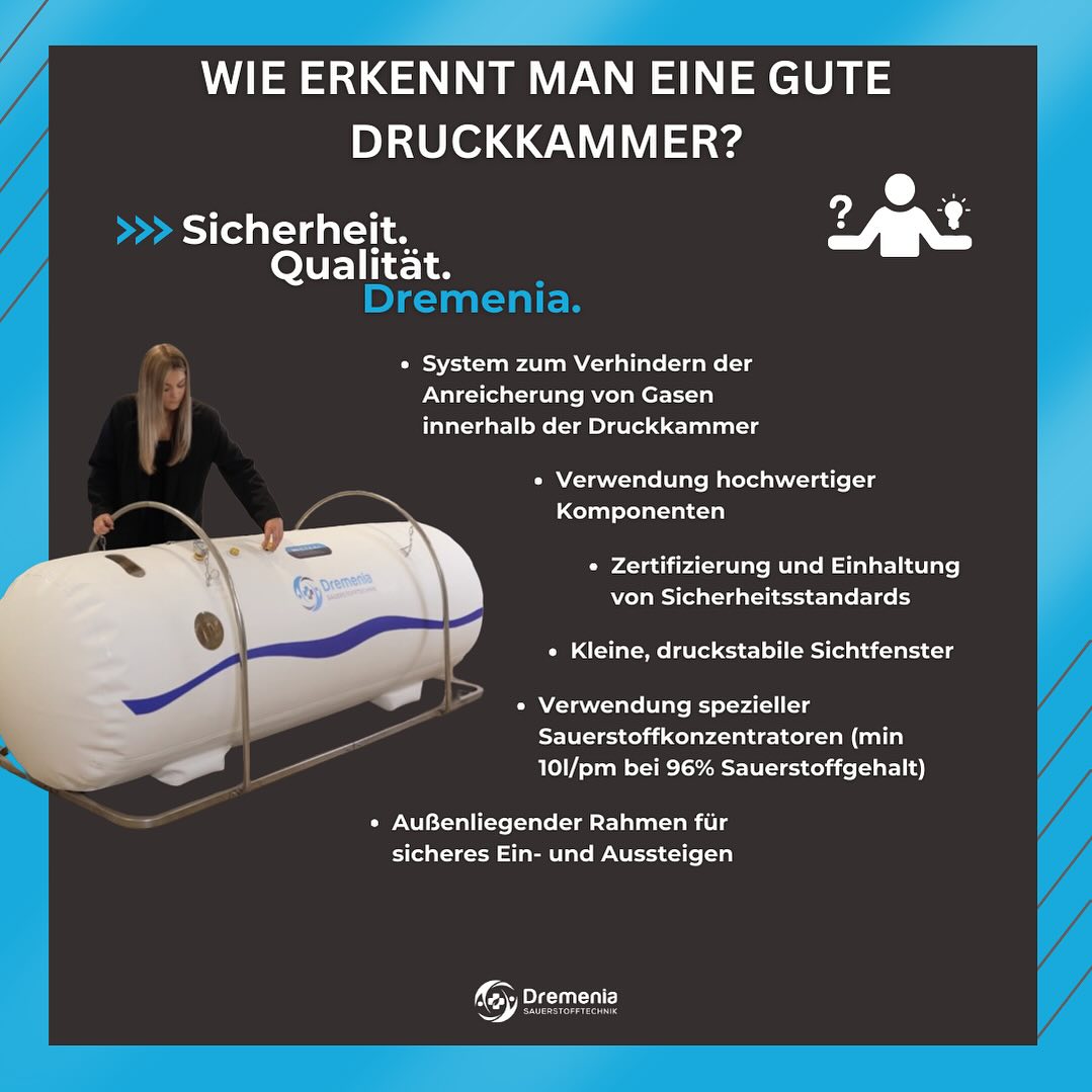 Entdecken Sie die Merkmale einer erstklassigen #druckkammer ! 🌟
Wenn es um Ihre #gesundheit geht, zählt jedes Detail. Deshalb setzen wir auf hochwertige Materialien, die mittels des thermischen Ultrahochfrequenz-Schweißverfahrens zusammengefügt werden. Das Ergebnis? Eine#hyperbaresauerstoffkammer , die nicht nur robust ist, sondern auch höchste Sauerstoffsättigung gewährleistet – dank unserer exklusiven Verwendung von erstklassigen Sauerstoffmasken. 🫁
Achten Sie jedoch auf Warnsignale: Ein auffällig niedriger Preis könnte auf minderwertige #qualität hinweisen. Wir bei #dremenia wissen, dass Vertrauen auf Erfahrung beruht. Deshalb liefern wir nicht nur Spitzenprodukte, sondern auch eine vollständige Benutzerdokumentation für Ihre Sicherheit und Zufriedenheit.
Verlassen Sie sich nicht nur auf uns – lassen Sie unsere Bewertungen und Referenzen für sich sprechen. Wir bieten nicht nur Produkte, sondern auch vollständigen #service , einschließlich Vor-Ort-Installation, um sicherzustellen, dass Sie das Beste aus Ihrer Druckkammer herausholen können.
Und das Beste kommt zum Schluss: Eine gute #sauerstoffkammer erkennen Sie immer an unserem unverkennbaren Dremenia-Logo. Vertrauen Sie auf Dremenia– Ihre erste Wahl für herausragende Qualität und unübertroffenen Service! 💙