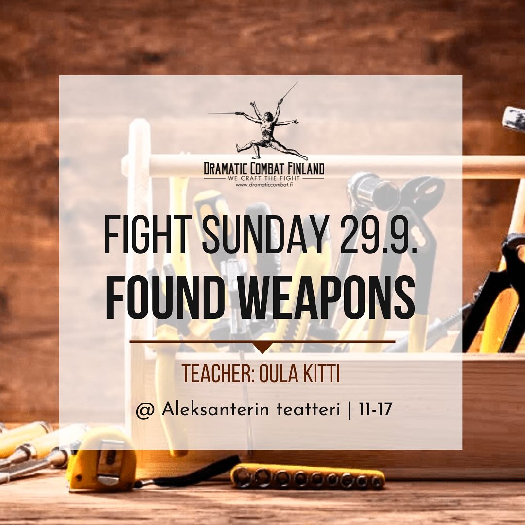 How to weaponize anything and everything. ⚒️
You don’t happen to have your gun, knife or sword with you? Don´t worry, we will help you to fight with any object you can find. 🪓
During this class you will learn how to use common day objects and props to create your fights. We will explore the nature of objects and use systemized actions to find the innovative use for each item. Be it large or small, piano or a hairpin, there is a way to fight with it. 🪗🎹🪮🖋️🧸📍📌📞🔌🧱🧹📀
Bring some objects with you and we’ll weaponise them!
#stagecombat #foundweapons #fun #stagefight #filmfight #fightforscreen #dramaticcombatfinland #nordicstagefightsociety
@nordicstagefight