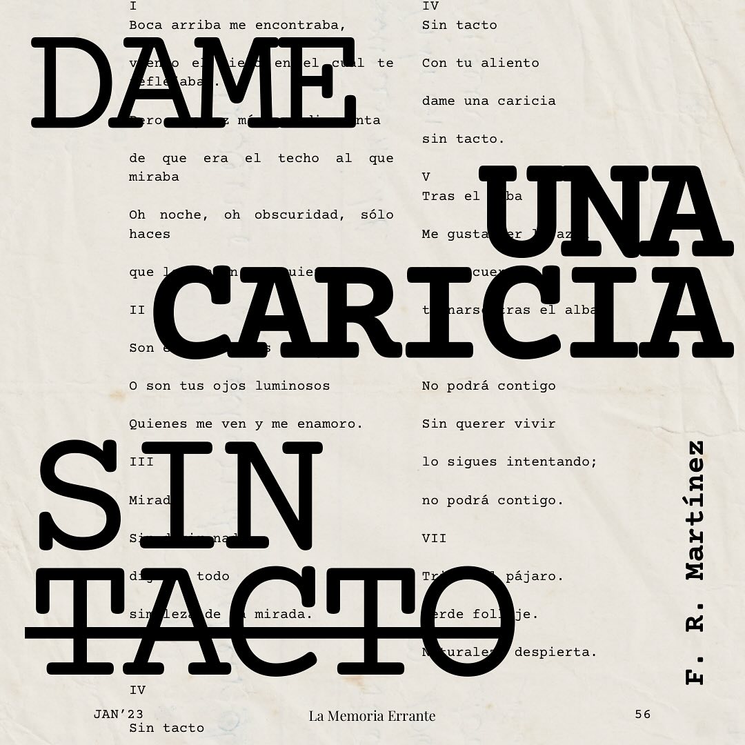 POESÍA VARIADA PARA GENTE DIVERSA
F. R. Martínez @fridamtz21
Con tu aliento
dame una caricia
sin tacto.
¡Últimos días!
.
#poesia #poema #poesiamexicana #revista #literatura #bookstagram