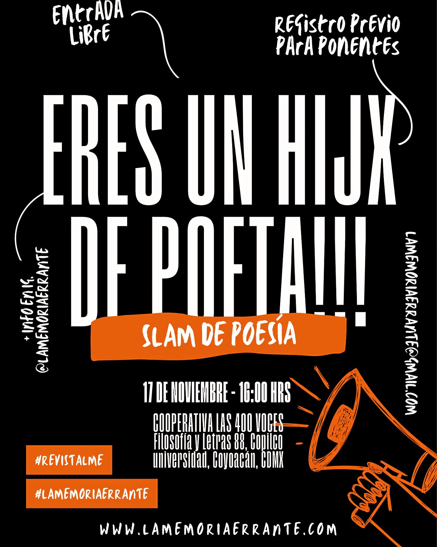 Eres un hijx de poeta!!!
Estamos muy emocionadxs porque este 17 de noviembre llevaremos a cabo nuestro primer evento de la revista y nada mejor que un Slam de poesía para inaugurar actividades de fin de año de LME 😎
La cita es el 17 de noviembre a las 16:00 en la Cooperativa Las 400 Voces CDMX @cooperativa_400voces
Para participar como ponentes será necesario hacer registro previo (dudas por DM) pero como asistentes la entrada es gratuita 🙌
Además de un delicioso chocolate (hay opciones veganas) podrán adquirir mercancía de La Memoria Errante y convivir con nosotrxs 🤪
#RevistaLME
.
#slamdepoesia #poesia #poetas #poetasmexicanos #cdmx #poesiacdmx