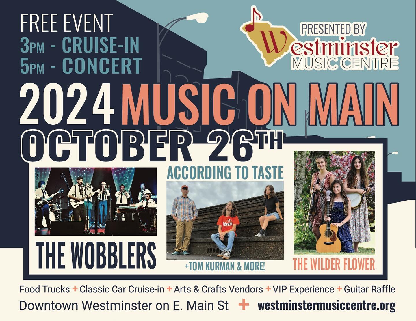 It’s been a rough week in the neighborhood, but here’s a little musical silver lining we’re excited to share…Our FREE family-friendly concert series returns on October 26th to Historic Downtown Westminster! Join us as we celebrate the finest in live local music with @thewobblers @thewilderflowermusic @accordingtotastemusic and more. We are still accepting applications for food trucks and arts/crafts vendors