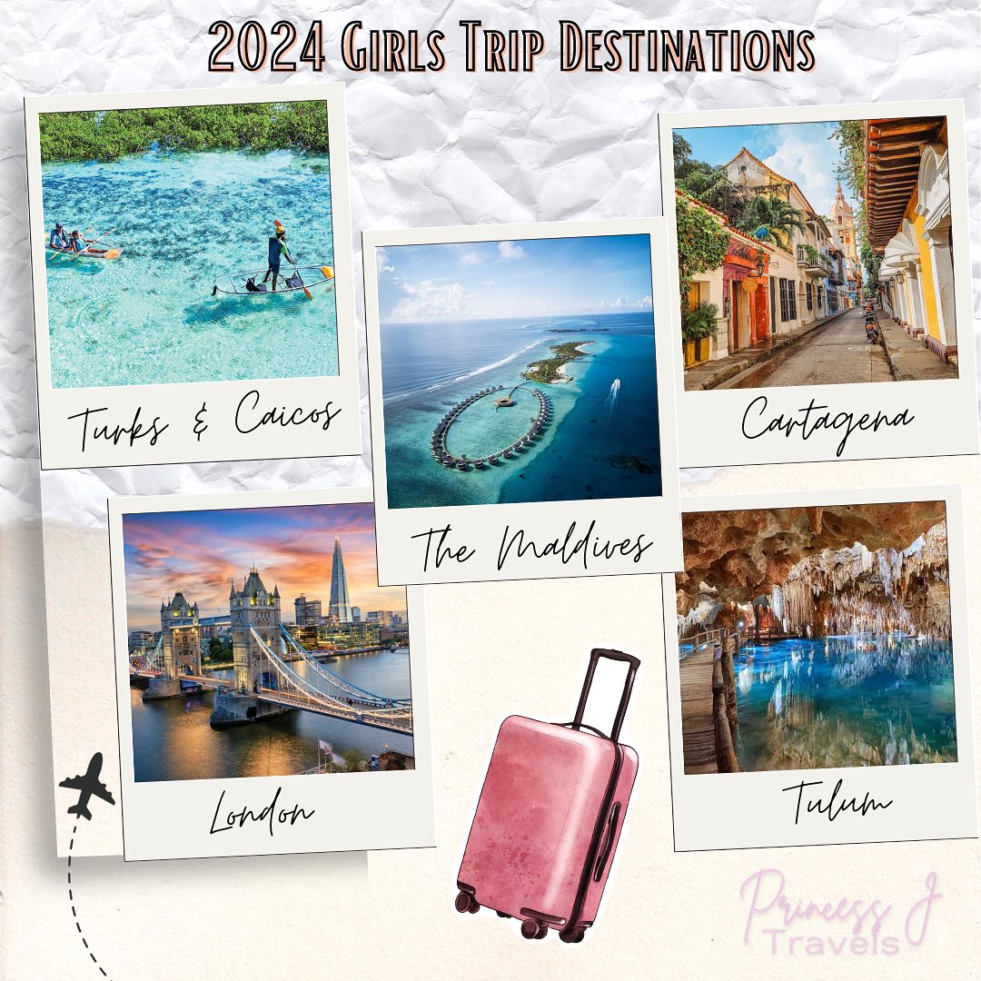 You all asked so we answered! 💕 Here are our top 5 destination locations for an epic girls trip in 2024. See the list below:
1. Turks & Caicos 🇹🇨
2. Cartagena, Colombia 🇨🇴
3. London, UK 🇬🇧
4. Tulum, Mexico 🇲🇽
5. The Maldives 🇲🇻
Are you thinking about taking a girls trip soon? Book the trip in confidence with PJT and receive 20% all booking services with promo code: GIRLSTRIP24 👯♀️