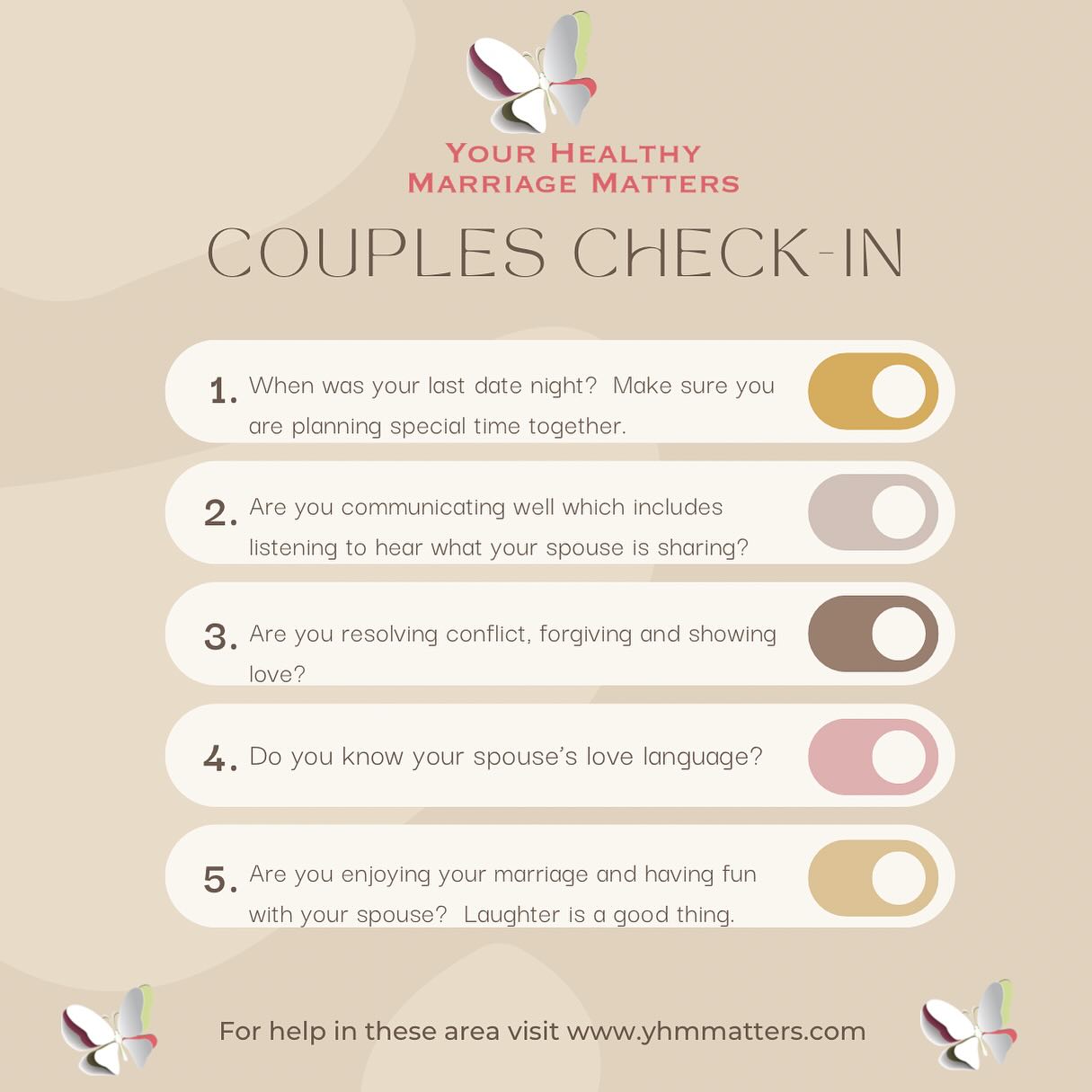 Couples check out this check in. If you answer no to more than one of these questions, schedule a session with YHMM. Remember, Your Healthy Marriage Matters, so make sure your marriage is healthy!!! #communicationmatters #dateyourspouse #lovelaughter #yhmmatters