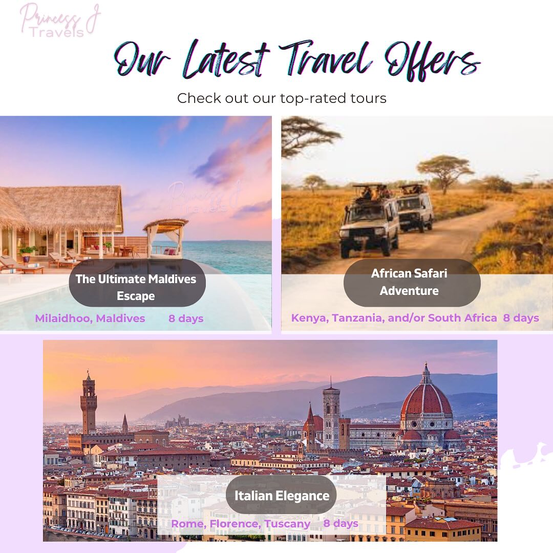 Check out our latest travel offers/ packages! ✈️
1 The Ultimate Maldives Escape 🇲🇻 : Stay in an overwater villa with direct lagoon access, enjoy private dining on a secluded island, and unwind with personalized spa treatments.
2 Italian Elegance 🇮🇹 : Explore the vineyards of Tuscany with a private wine-tasting tour, experience the history of Rome with a personal historian, and relax in a palatial suite in Florence.
3 African Safari Adventure 🇹🇿 : Discover the Big Five with expert guides, stay in luxury tented camps, and experience a hot air balloon ride over the Serengeti at sunrise.
Schedule a consultation today to begin planning your next luxury getaway. 💞