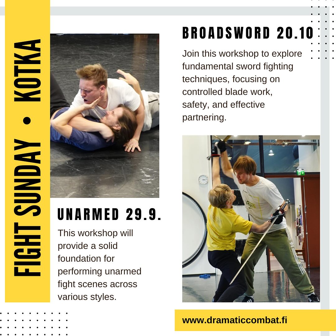 We have great news! More workshops are coming up in Kotka! Stay tuned, we will open the registration soon. Meanwhile check out our events in Helsinki. Closest workshop will take place already next weekend!
See our webpage for more info.
@dramaticcombatfinland @nordicstagefight
#stagecombat #screencombat #stunttraining