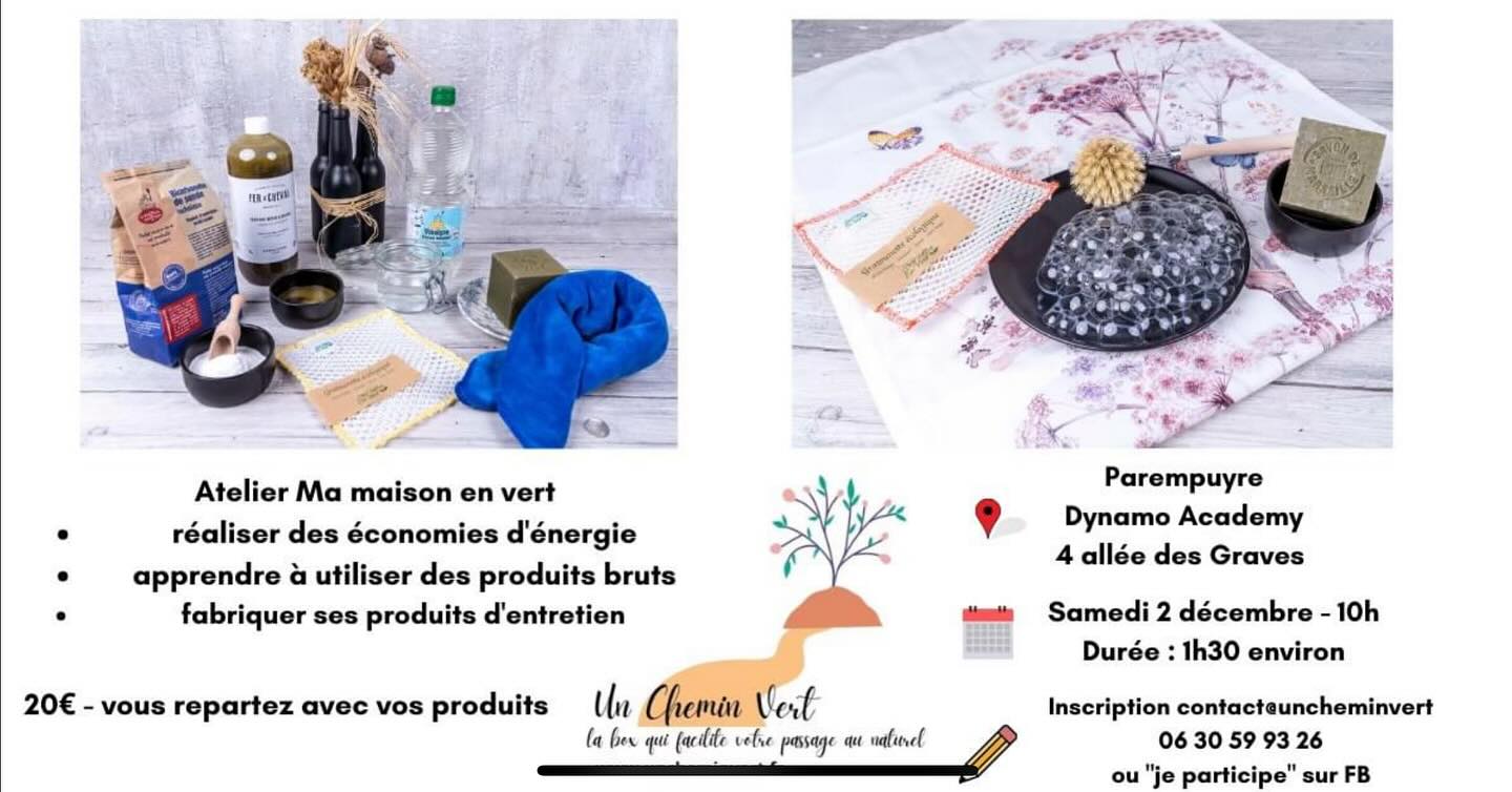 Atelier « ma maison en vert »
Pour ceux qui souhaitent faire des économies d’énergie, rendre leur intérieur plus écolo.
Venez fabriquer vos produits !
20€ sur inscription
Samedi 2 décembre 10h à la @dynam.o.academy
#atelier #diy #menage #ecologie #economie