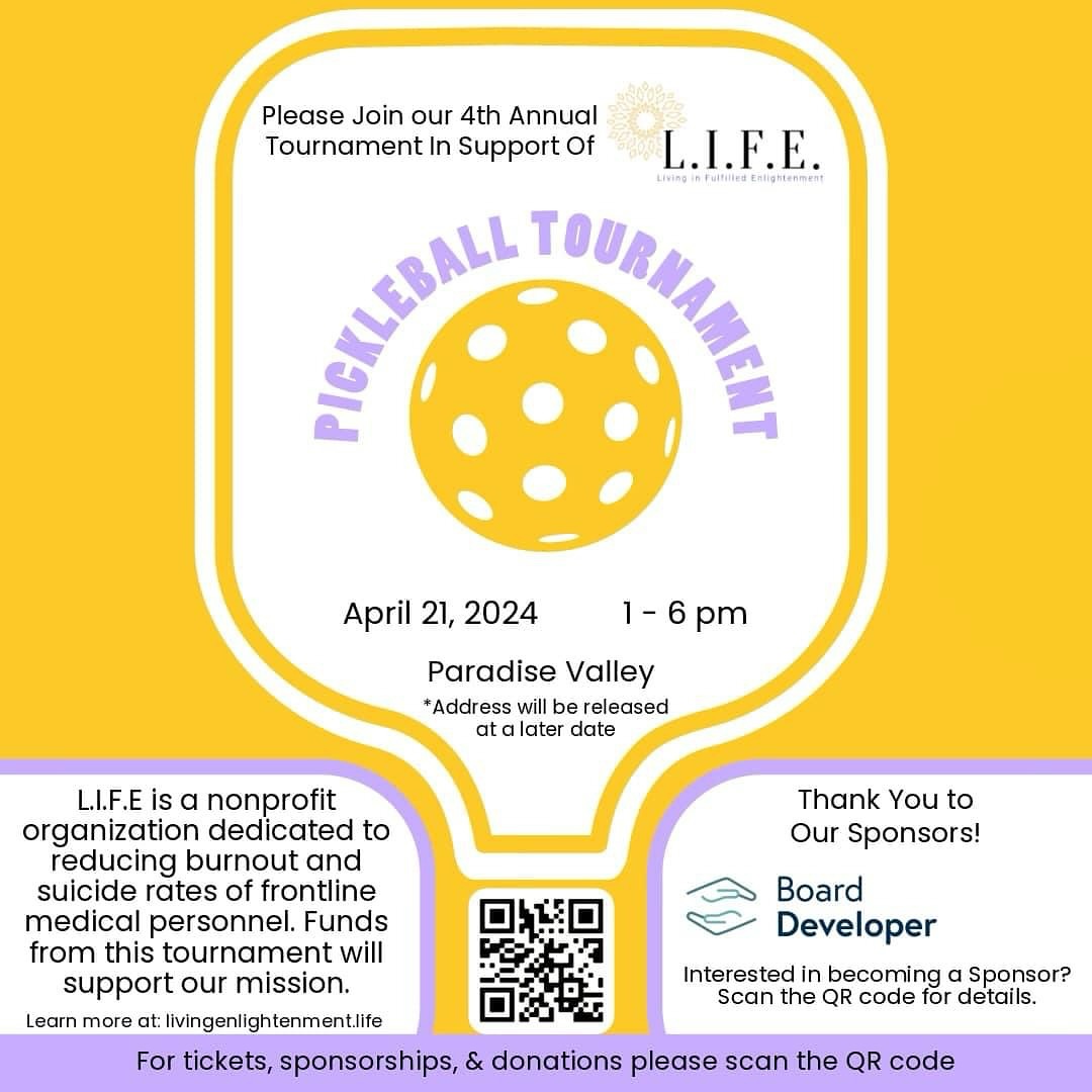Please join us for one of our favorite events of the year!
It's our fourth annual Pickleball tournament. Join us as a player in our competition or as a spectator!
This event is always such a blast! It will feature yummy food from The Market Restaurant + Bar by Jennifer's, an open bar, our favorite DJ, & a ton of laughs! Don't miss it.
We are also looking for sponsorships. Please check out our website or scan our QR code for more information.
Proceeds will be going towards suicide, awareness and prevention.💜💛