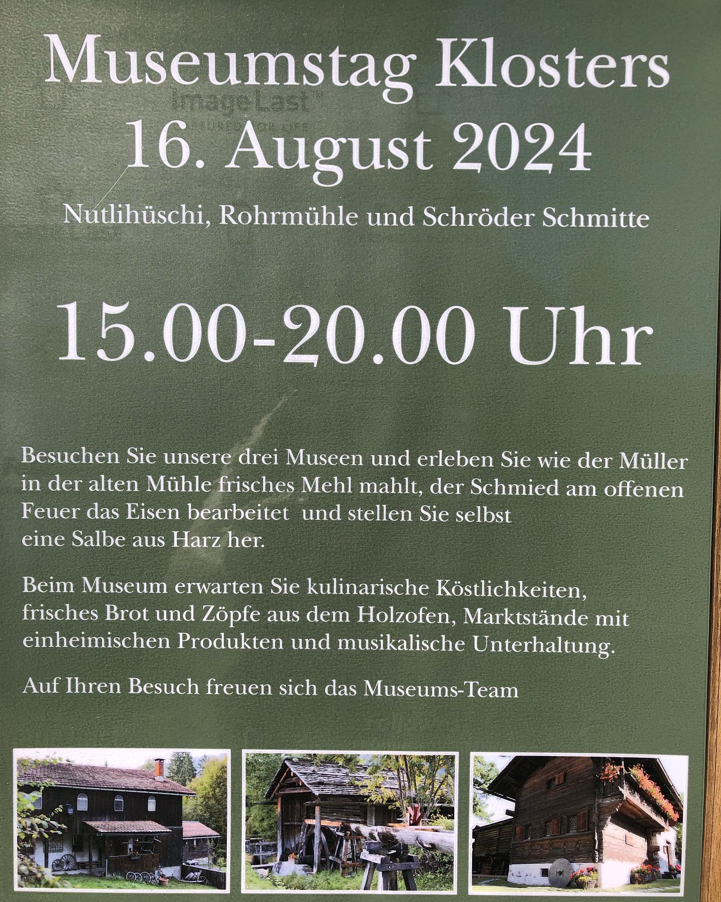 hüt isch Lusi bim Nutlihüschi, äs ärwartänd eu fäini Brennnessläspätzli mit Würscht, värschiidäni Chüächä und Glace. Am 16.00/17.00 und 18.00 findät ä churzä Vortrag über Heilchrüüter statt und wär möchti tarf ä Salbi us Harz machä. Umrahmt würd där Aalass vo dä „Erläbärgfägger“ und Marchtstend mit Produkt us heimischä Chrüüter. Chommänd värbii, miär freuänd ünsch uf Euä Psuäch🏠🙃🌞#museumnutlihüschi#klosters#prättigau#graubünden#heimatliebe#walserkultur#selbstgemacht#sommerwvent