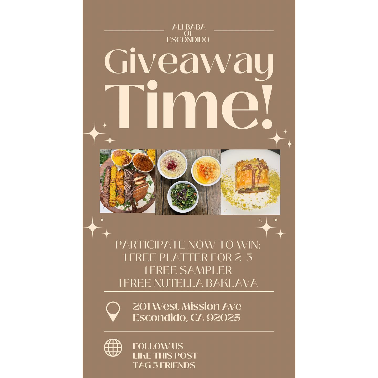 In celebration of winning Best of Escondido Eats by @escondidochamber we’re giving away $100 worth of the BEST Mediterranean Eats @alibaba_escondido !!!! 👏🏼
To Enter:
✨Follow Us
✨Like This Post
✨Tag 3 Friends
✨Share on your story for an extra draw!
Winner will be announced Monday 🥳
Thank you to all who voted and our amazing Escondido Community that we have been proud to serve for 10 years! Best of luck everyone 🤞🏼