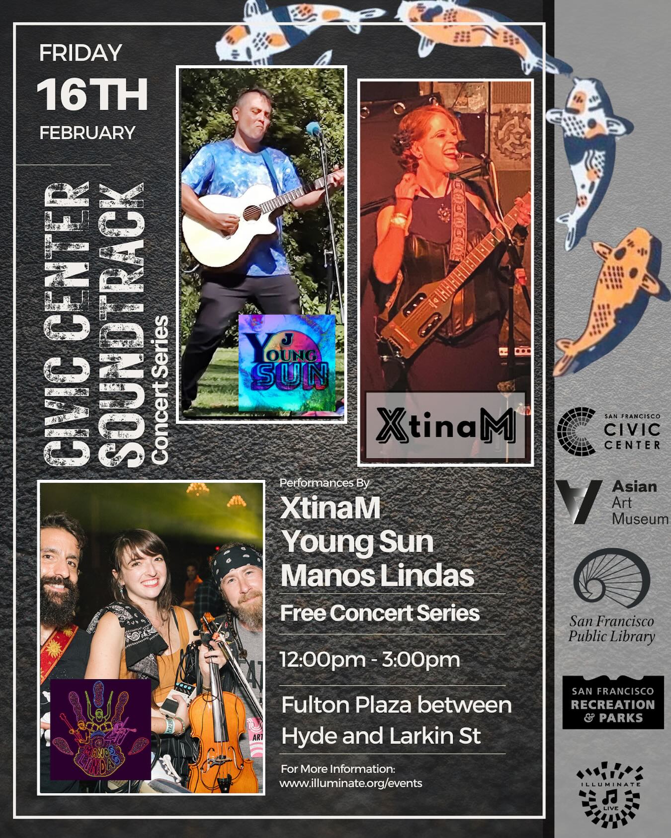 First show of #2024! Join me at the Civic Center Soundtrack series this #friday 2/16 at noon at #fultonplaza in #sanfrancisco - I’ll play an hour long set alongside @j_young_sun and @manoslindasmusic also on the bill. Come on down for some #free Friday #fun! Thanks to @illumin8live @kevinnorthband @sfrecpark @farmers_market_to_bandshell #music #civiccenter #sf #bayarea #indie #music #musician #chickswhorock