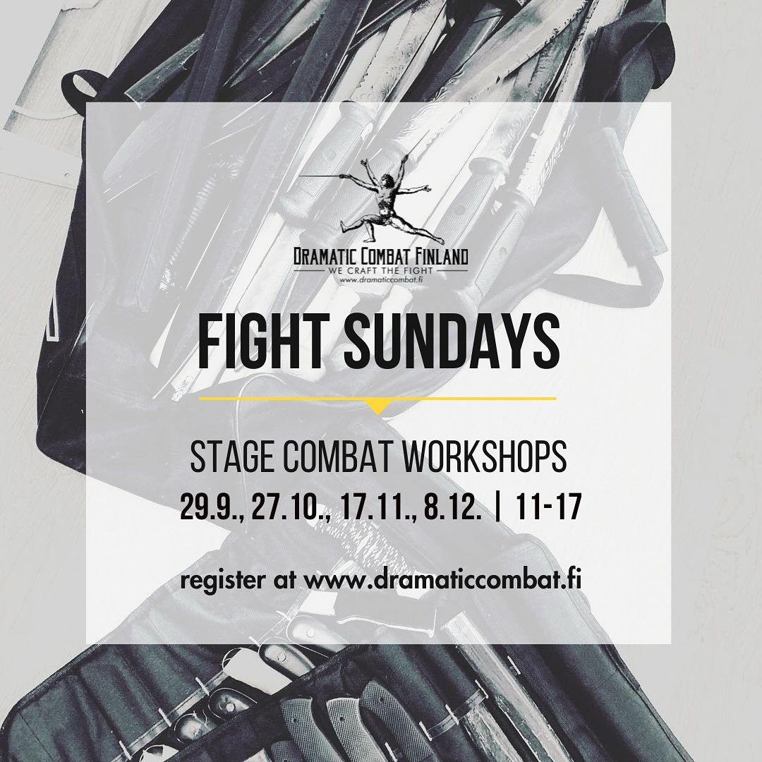 After the kick off course on 24.-25.8. we will continue with Weekly Training every Wednesday and of course good old Fight Sundays every month!
Check out the dates, read more about the topics on the website and register soon as places are often limited.
#stagecombat #stagefighter #dramaticcombatfinland #nordicstagefightsociety #stagecombatlife #specialskills #actors #performer #esittävätaide #teatteri #kamera #tv
@nordicstagefight