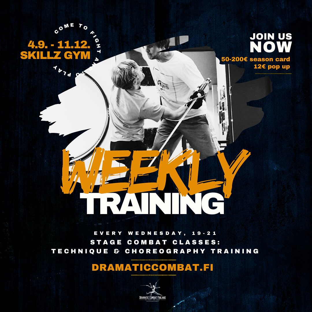 Dramatic Combat Finland weekly training continues! Join us every Wednesday 19-21 at SkillzGym, Helsinki. Read more and register on our website!
We will focus on the principles and techniques of theatrical violence, combined with the aspects required for film fighting. We will hone in on mechanics of stage fighting and skills required to be safe and expressive. We will also attend to variety of acting decisions that make fighting styles and techniques reflect character and story.
Taught by NSFS teacher-students. Among confirmed teachers this fall: Jess Jones-Gauslå, Markus Järvenpää, Anastasia Trizna, Arvo Jean-Michel Ärlig.
Supervised by their mentor-teachers Oula Kitti, Iiro Heikkilä.
@nordicstagefight
#dramaticcombatfinland #stagecombat #näyttämötaistelu #teatteri #kamera #theatre #screen #stagefight