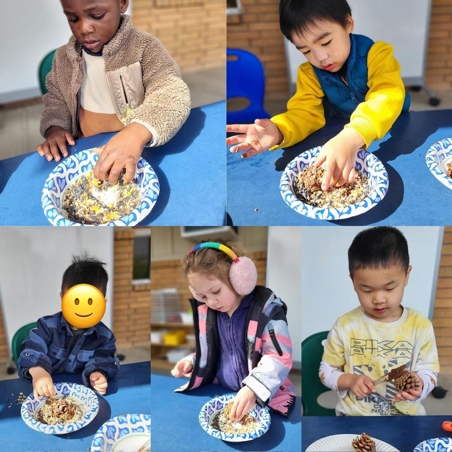 Our students super focused on creating their bird feeders! All they used were pine cones, sun butter and seeds! They were so excited when they saw most of the seeds cleared off their bird feeders. 😃