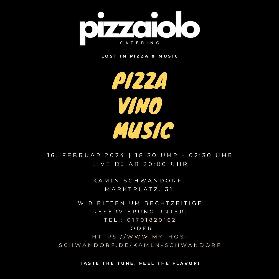 Erlebe den Geschmack Neapels bei unserem PIZZA VINO MUSIC-Event im KamIn am Schwandorfer Marktplatz! Genieße authentische neapolitanische Pizza bei entspanntem Flair und guter Musik! 🥂🍕
👉🏽 Für Reservierungen kontaktiere uns unter der Tel.-Nr. 01701820162 oder buche deinen Tisch über https://www.mythos-schwandorf.de/kamln-schwandorf