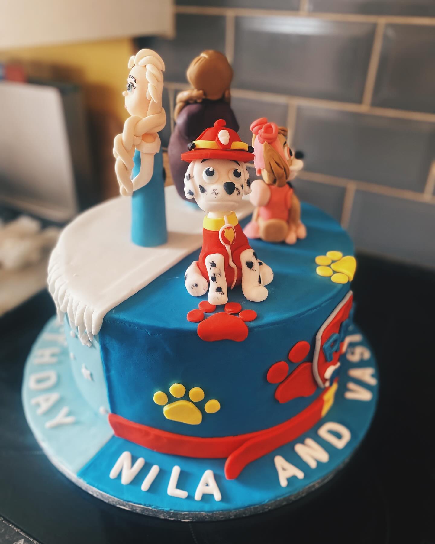 2 in 1 cake! The perfect cake for twins- half frozen and half paw patrol! Loved doing this one! #pawpatrol #frozen #frozencake #pawpatrolcake