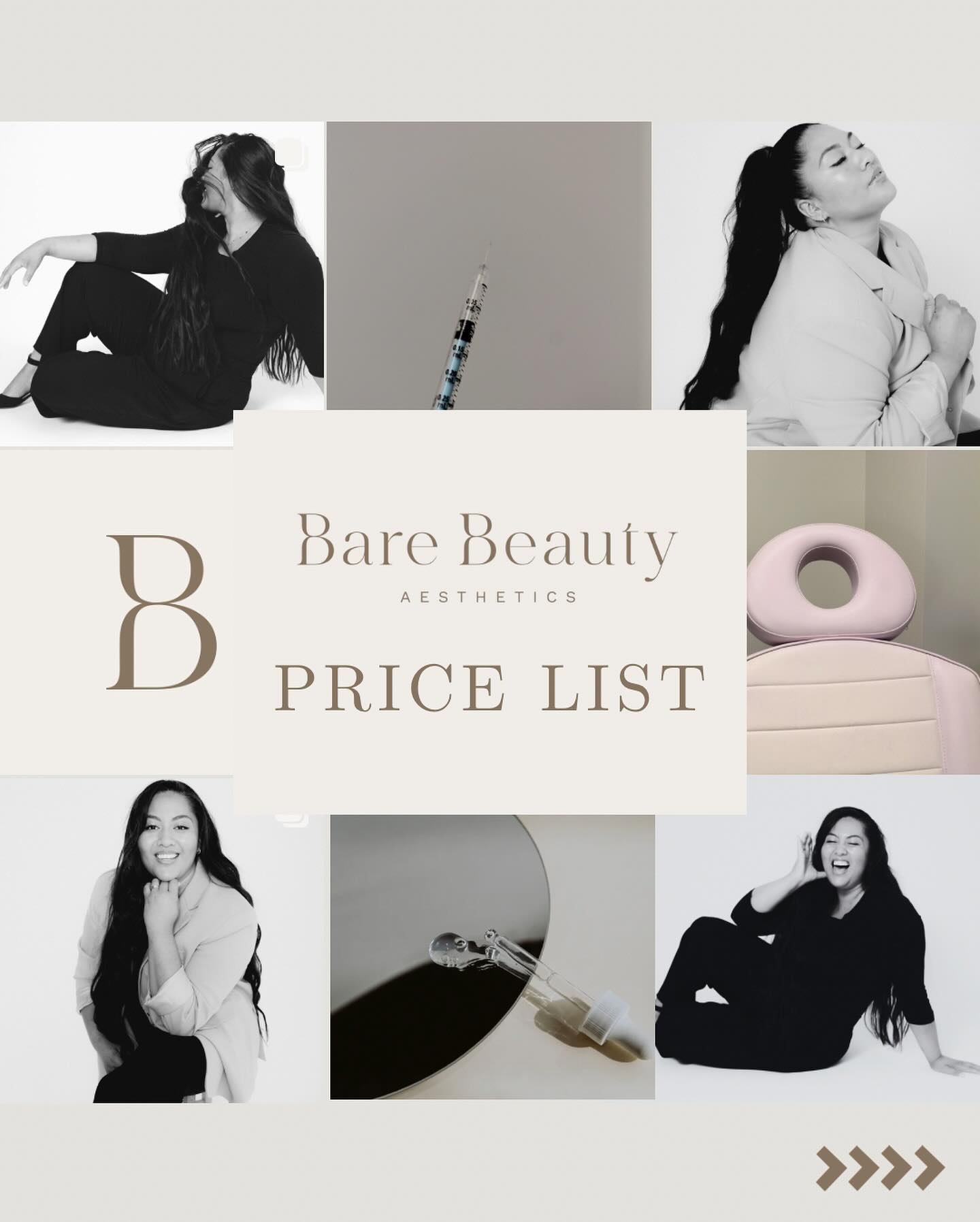 ✨ Bare Beauty Aesthetics Price List ✨
Swipe through to see all treatment options offered at Bare Beauty 💉
Pssssst…. Did you know we also offer membership plans and can tailor these to meet your needs. Exclusive membership pricing and more 🤫 (information coming soon in regards to memberships😉)
Please note: The final cost of your treatment plan may vary depending on your specific needs and desired outcomes. For the most accurate pricing and a personalized approach, we highly recommend scheduling a consultation. During your consultation, we can discuss your goals and create a treatment plan tailored to you.
.
.
.
.
.
.
.
.
.
.
Disclaimers:
Dysport® is a prescription medicine for the treatment of frown lines, horizontal forehead lines and crow’s fee round the eyes.
Dysport has risks and benefits. Ask your doctor is Dysport is right for you. If you have side effects see your doctor. You will need to pay for Dysport, and clinic fees will apply.
For details on precautions & side effects consult your healthcare professional or the Consumer Medicine Information (CMI) at www.medsafe.govt.nz
Dysport lasts about 4-6 months and further courses of treatment may be necessary.
Should only be administered by trained medical professionals.
Contains 500 units of clostridium botulinum Type A toxin.
Galderma (NZ) Limited, Auckland.
.
Profhilo®, containing low & high molecular weight hyaluronic
acid, is a Class III medical device for the treatment of the face and body for contours redefinition and laxity remodelling where skin laxity is a problem. Profhilo has risks and benefits.
Do not use with treatments such a laser resurfacing or medium deep skin-peeling. Caution in people on blood thinning medicines. Do not inject into inflamed areas or intravenously or intramuscularly.
Possible side effects: pain and swelling at injection site.
Accelagen Pty. Ltd. Whanganui.
