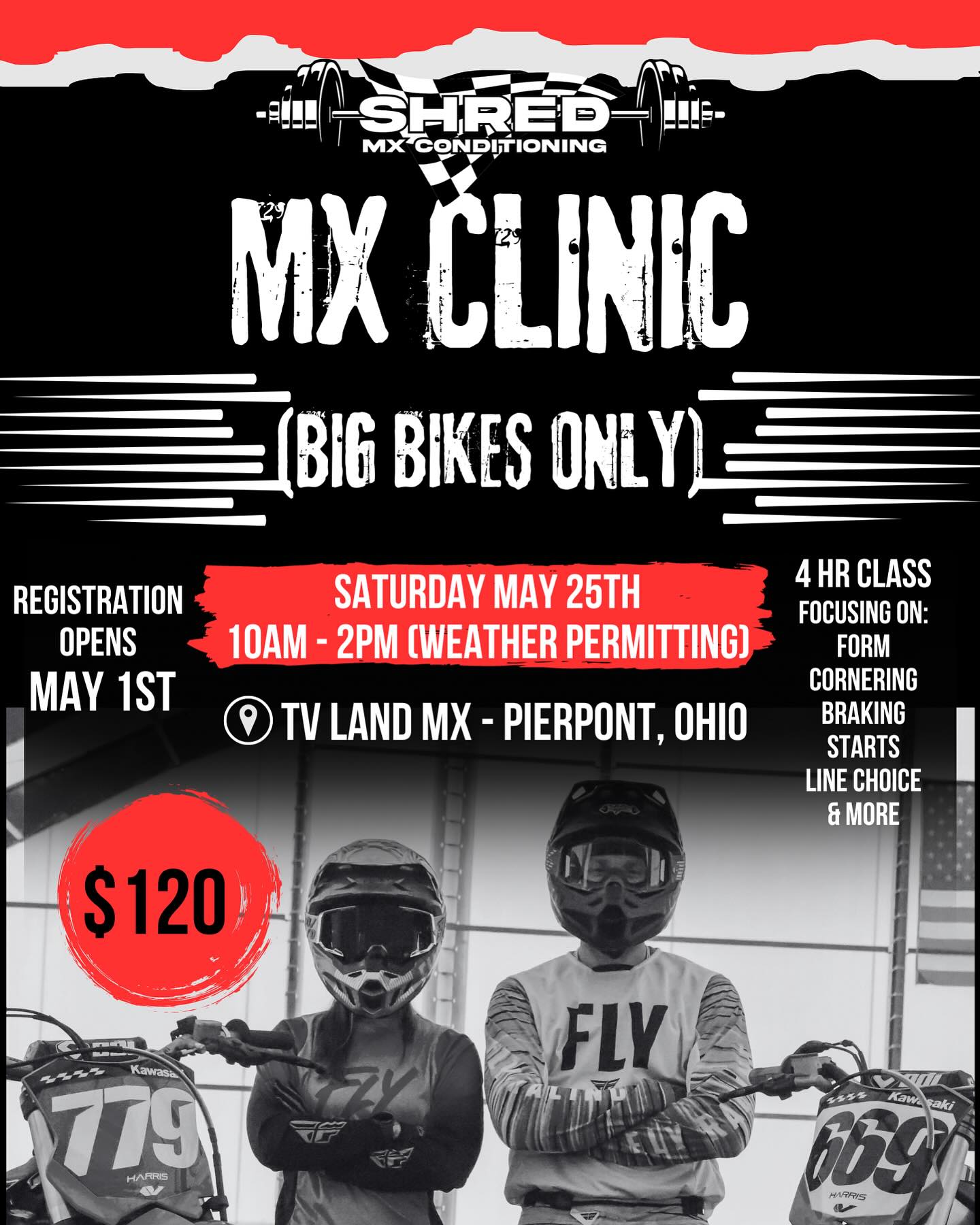 DATE CHANGE: our clinic will be held on May 25th at TV Land MX in Pierpont, Ohio.
Registration is now LIVE!
Head on over to the link in our bio, click MX Clinic and complete the form to secure your spot 🙌🏼
Class is limited to 15 spots total so get your name on that list before it’s full!
#motorcyclecoaching #motocrosscoach #mx #rideohio