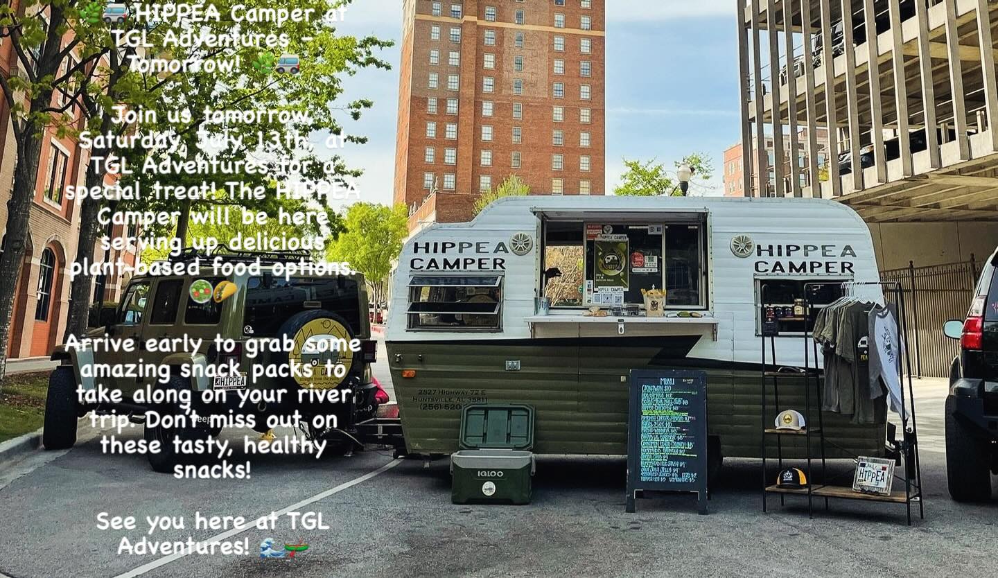 🌿🚐 HIPPEA Camper at TGL Adventures – Tomorrow! 🌿🚐
Join us tomorrow, Saturday, July 13th, at TGL Adventures for a special treat! The HIPPEA Camper will be here serving up delicious plant-based food options. 🥗🌮
Arrive early to grab some amazing snack packs to take along on your river trip. Don’t miss out on these tasty, healthy snacks!
See you here at TGL Adventures! 🌊🛶