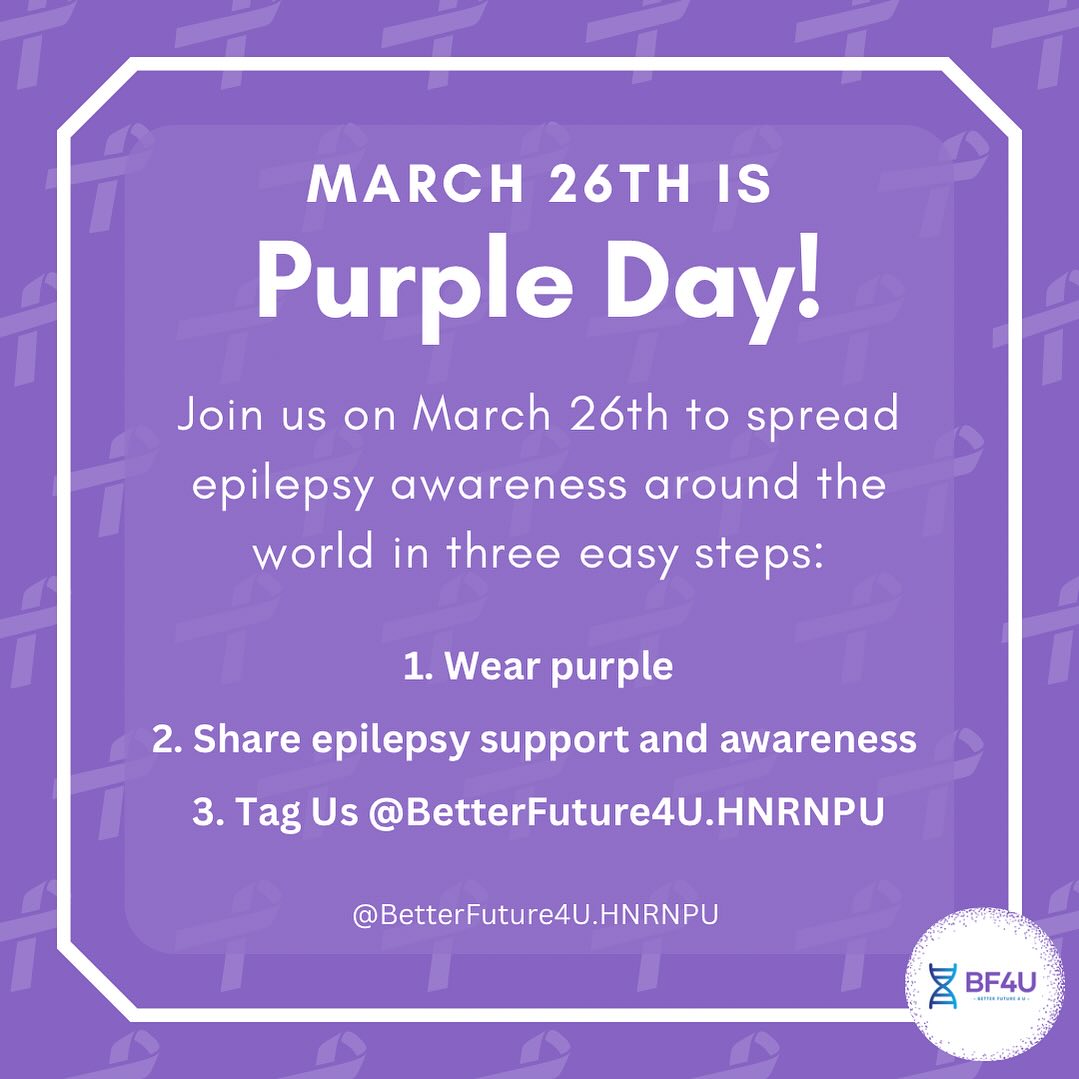 March 26th is PURPLE DAY! 💜 Join us to spread epilepsy awareness around the world in three easy steps:
1. Wear purple
2. Share epilepsy support and awareness
3. Tag Us @BetterFuture4U.HNRNPU
.
.
.
🪻 #purpleday #purpledayaroundtheworld #purpledayforepilepsy #epilepsyawareness #1in26 #hnrnpu #hnrnpuawareness #betterfuture4u #bf4u